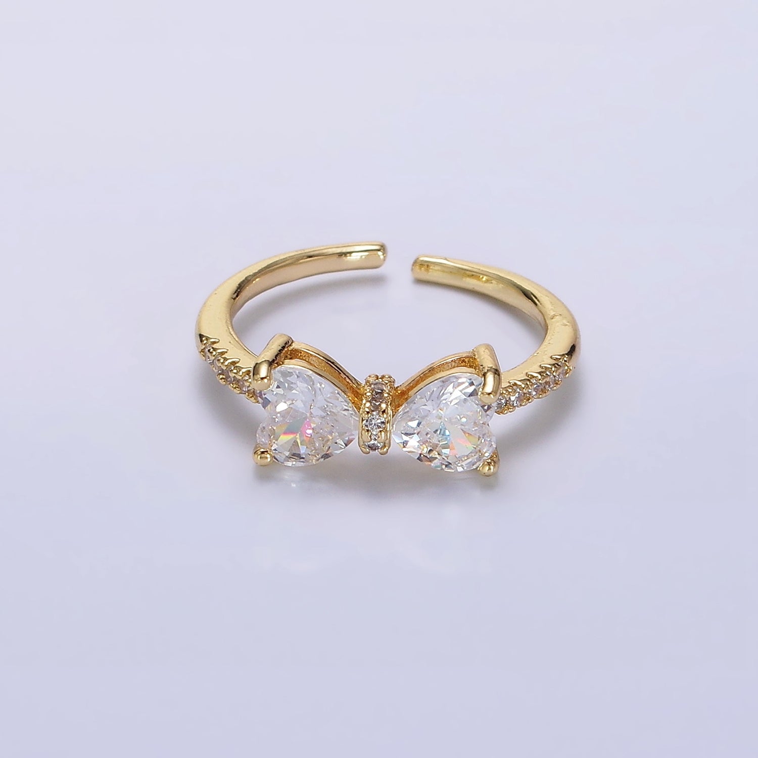 14K Gold Filled Pink, Clear CZ Heart Ribbon Micro Paved Ring | O637 O638 - DLUXCA