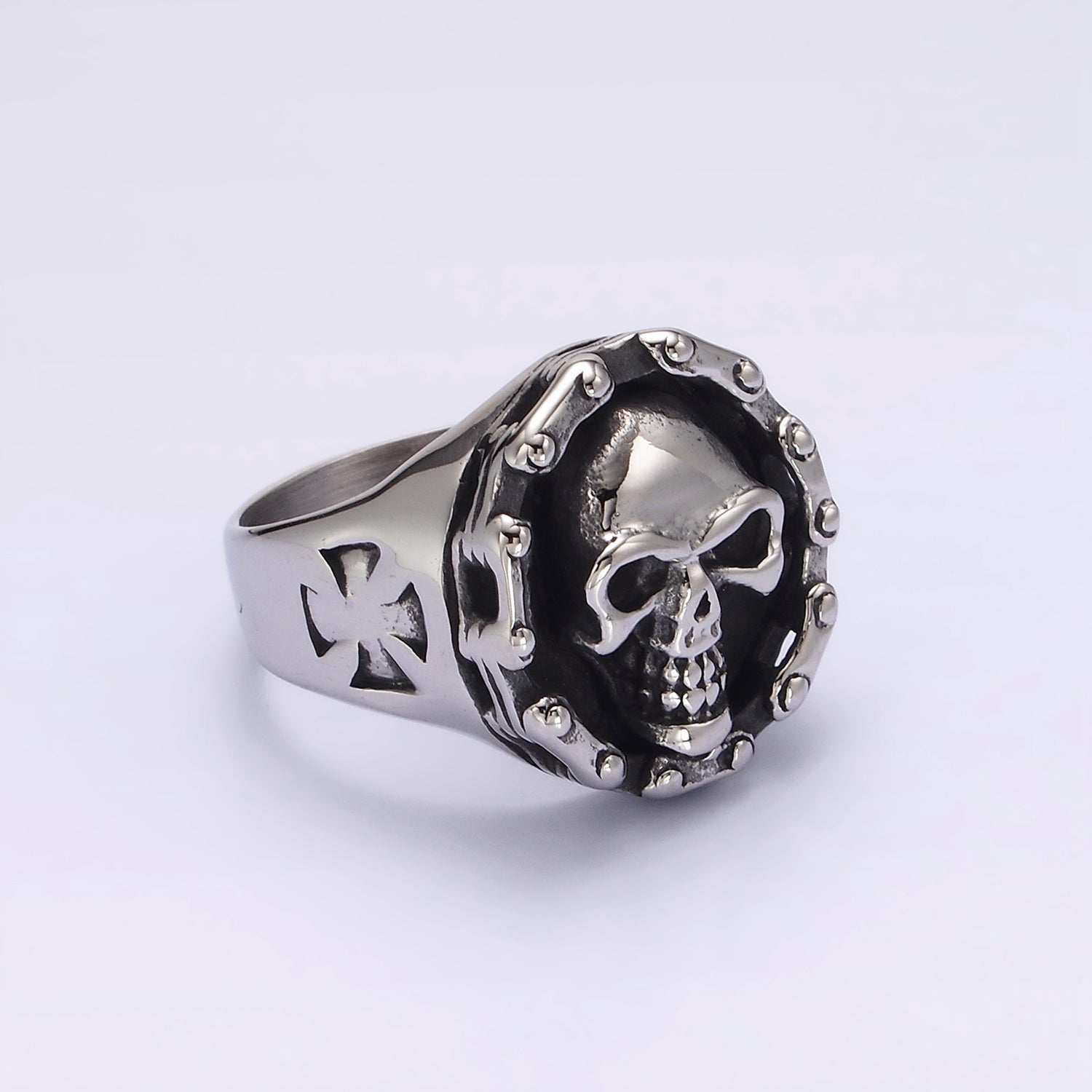 Stainless Steel Human Skull Skeleton Dotted Round Bolnisi Cross Signet Ring in Silver & Gold | O716, O724 - DLUXCA