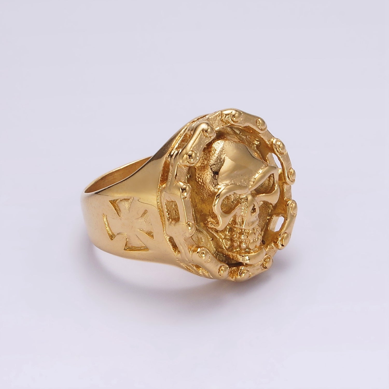 Stainless Steel Human Skull Skeleton Dotted Round Bolnisi Cross Signet Ring in Silver & Gold | O-716 ~ O-719 O-724 ~ O-727