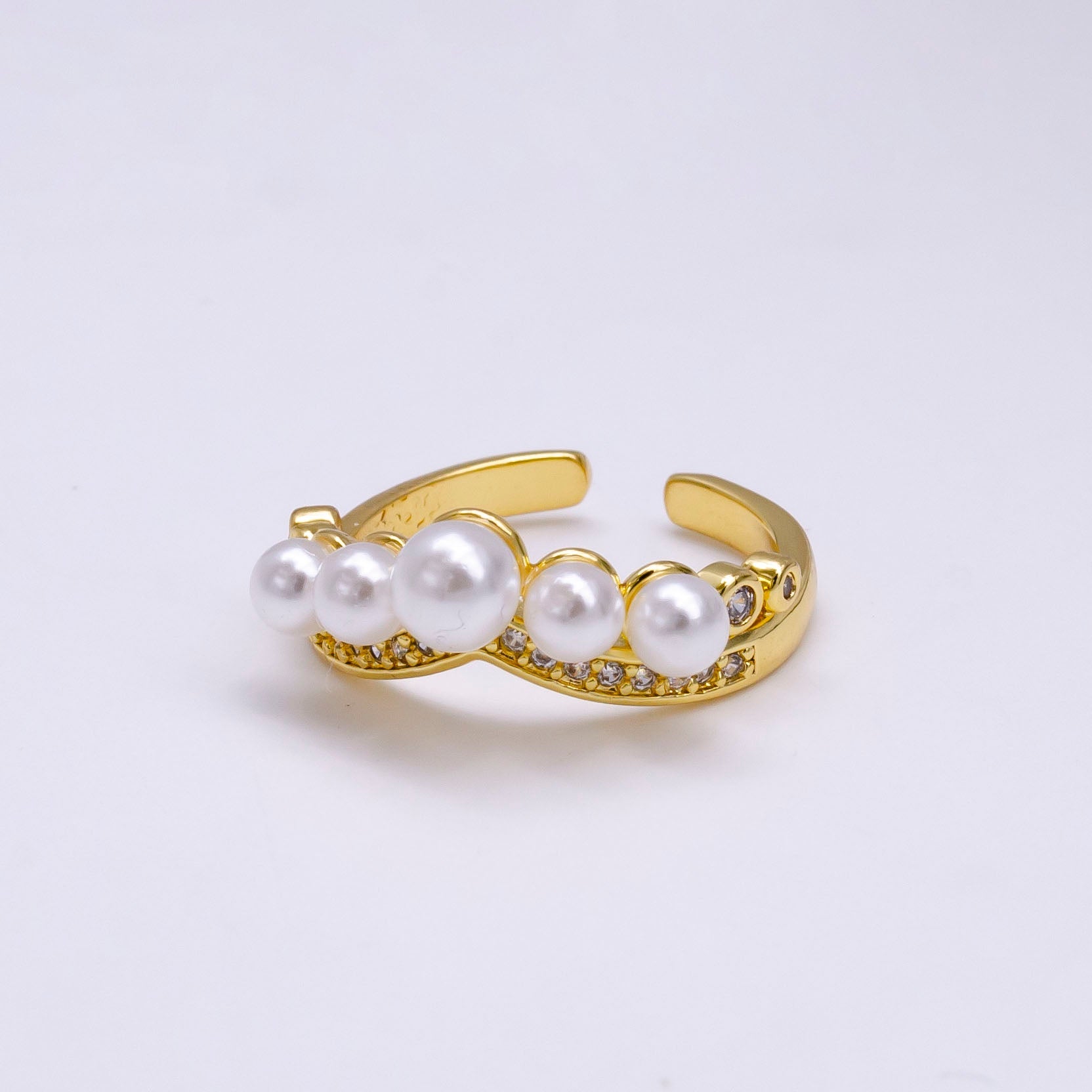 14K Gold Filled Pearl Dotted Clear Micro Paved CZ Chevron Ring in Gold & Silver | O833 O633 - DLUXCA