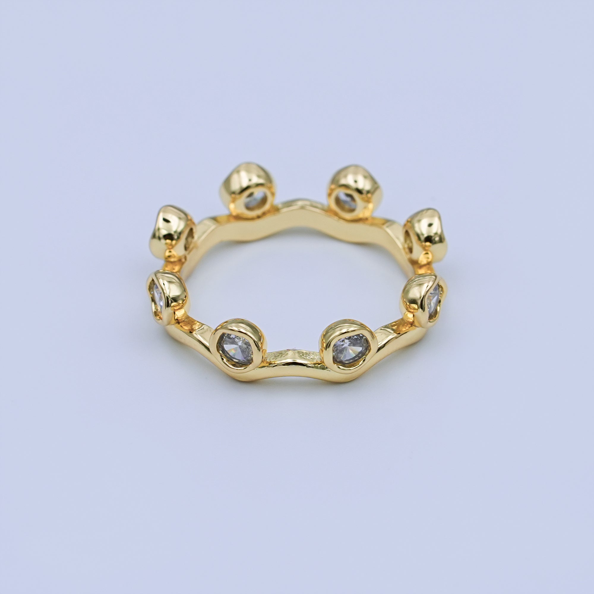24K Gold Filled CZ Bezel Wave Band Ring | O849