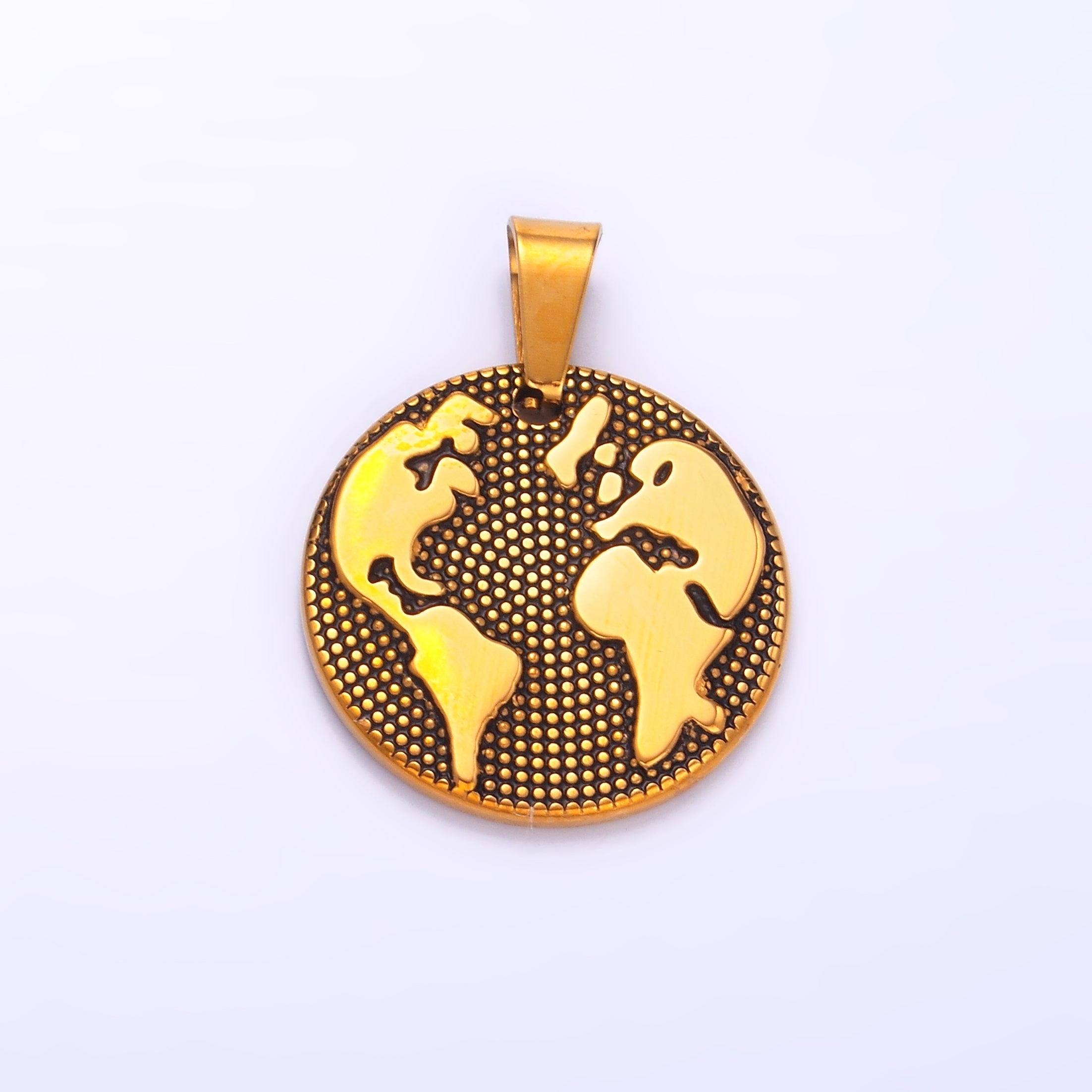 Stainless Steel Dotted World Map Round Pendant | P1082