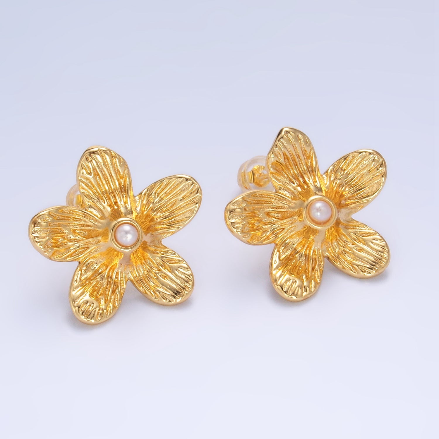 24K Gold Filled Shell Pearl Textured Flower Stud Earrings in Gold & Silver | P353 P354