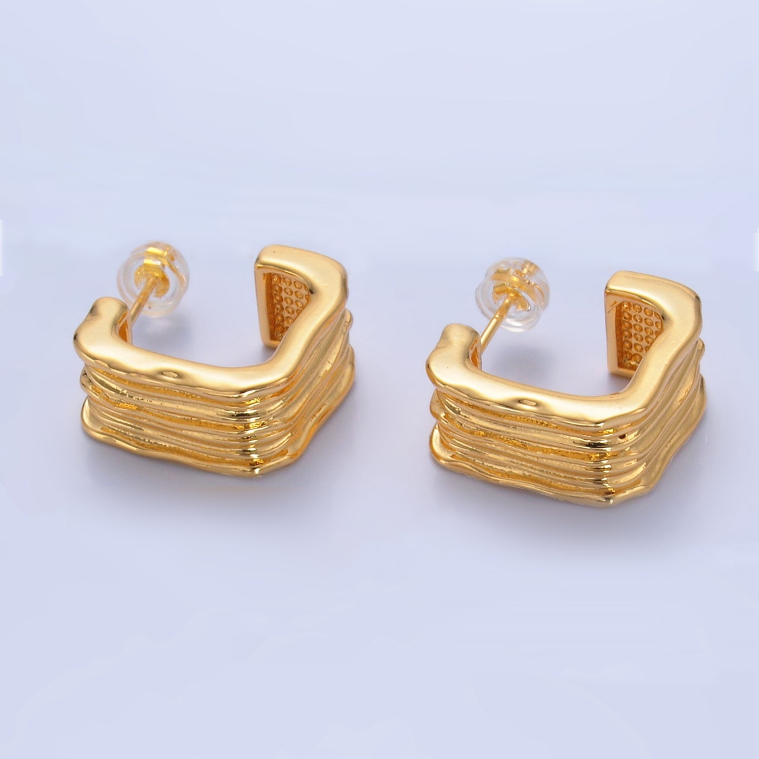 24K Gold Filled 20mm Molten Lined Square J-Shaped Hoop Earrings in Gold & Silver | P378 P385