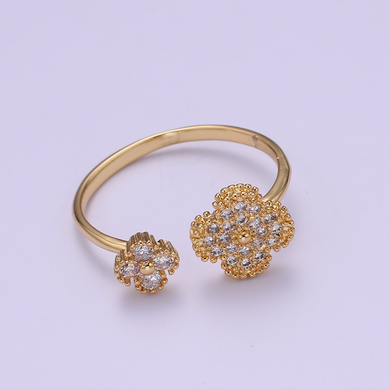 Dainty Cz Clover Ring, Gold Stacking Rings Jewelry Thin Flower Open Adjustable Ring O-957