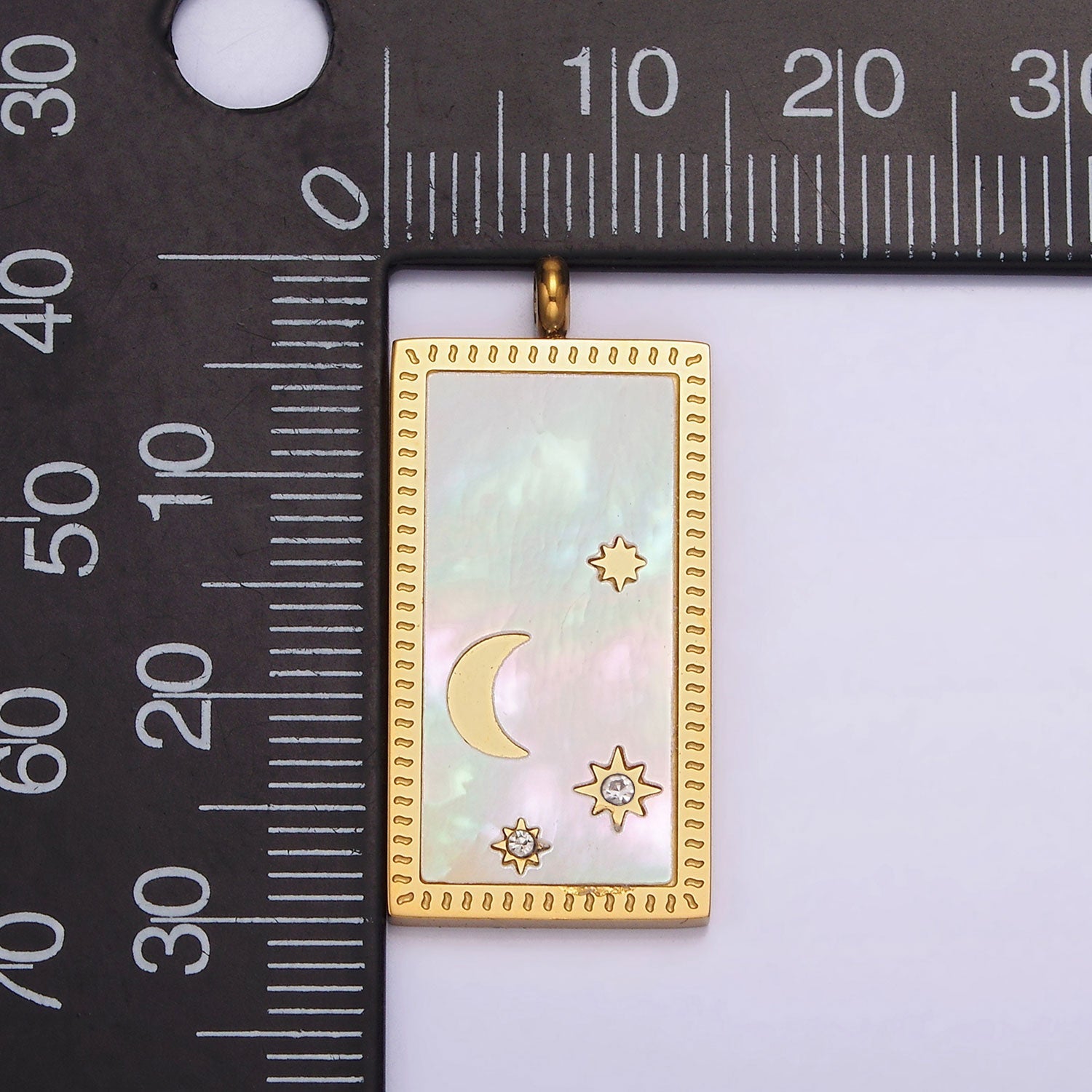 Stainless Steel 30mm Celestial Crescent Moon Star Shell Pearl Rectangular Tag Charm in Gold & Silver | P-669 P-670