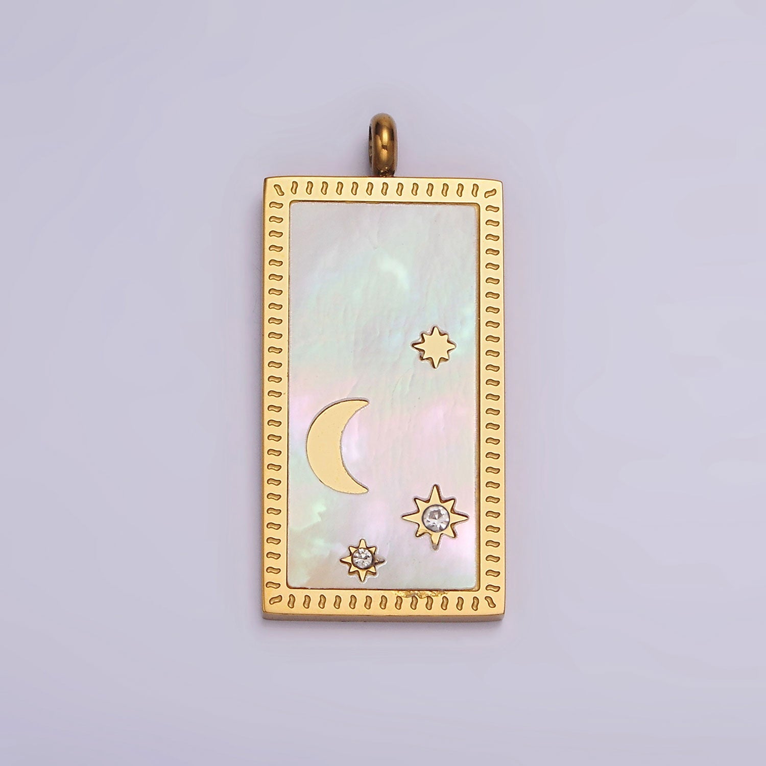 Stainless Steel 30mm Celestial Crescent Moon Star Shell Pearl Rectangular Tag Charm in Gold & Silver | P-669 P-670