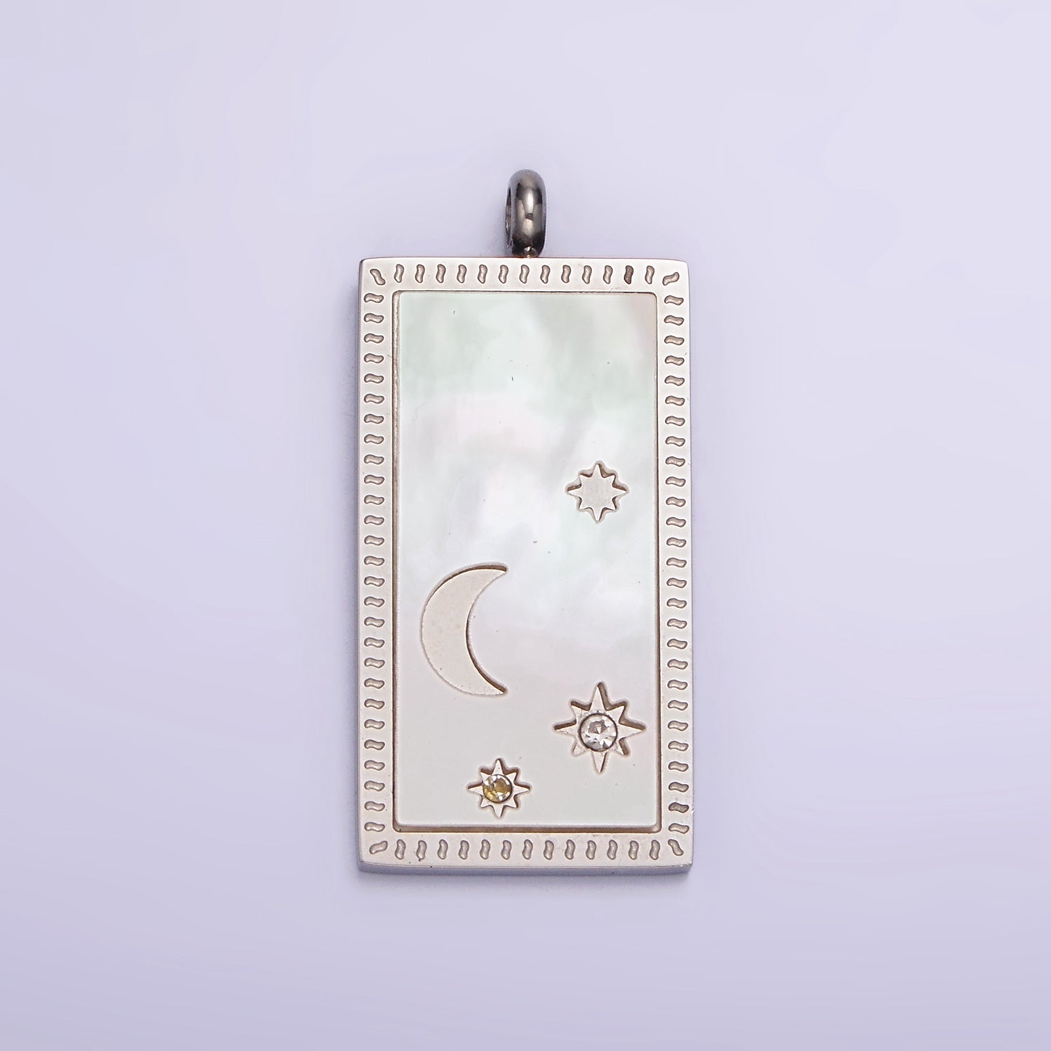 Stainless Steel 30mm Celestial Crescent Moon Star Shell Pearl Rectangular Tag Charm in Gold & Silver | P-669 P-670