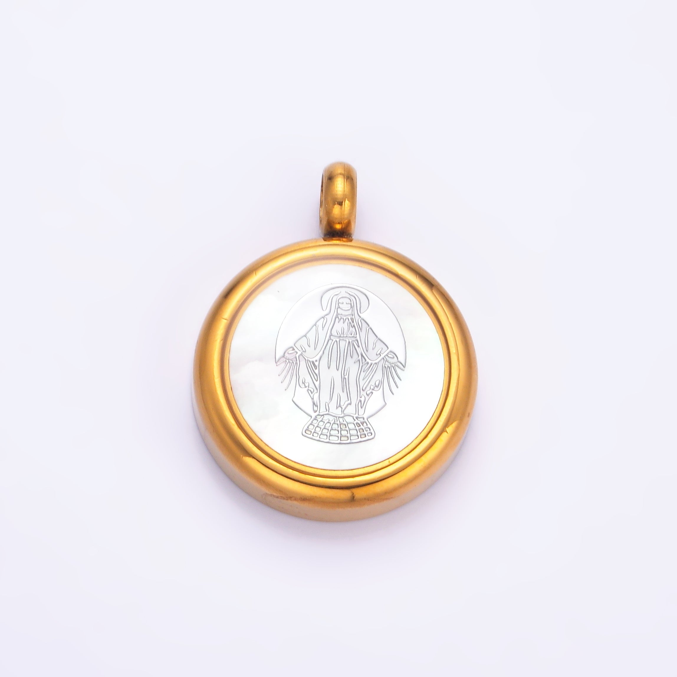 Stainless Steel Religious Mother Mary Shell Pearl Round Bezel Pendant | P820