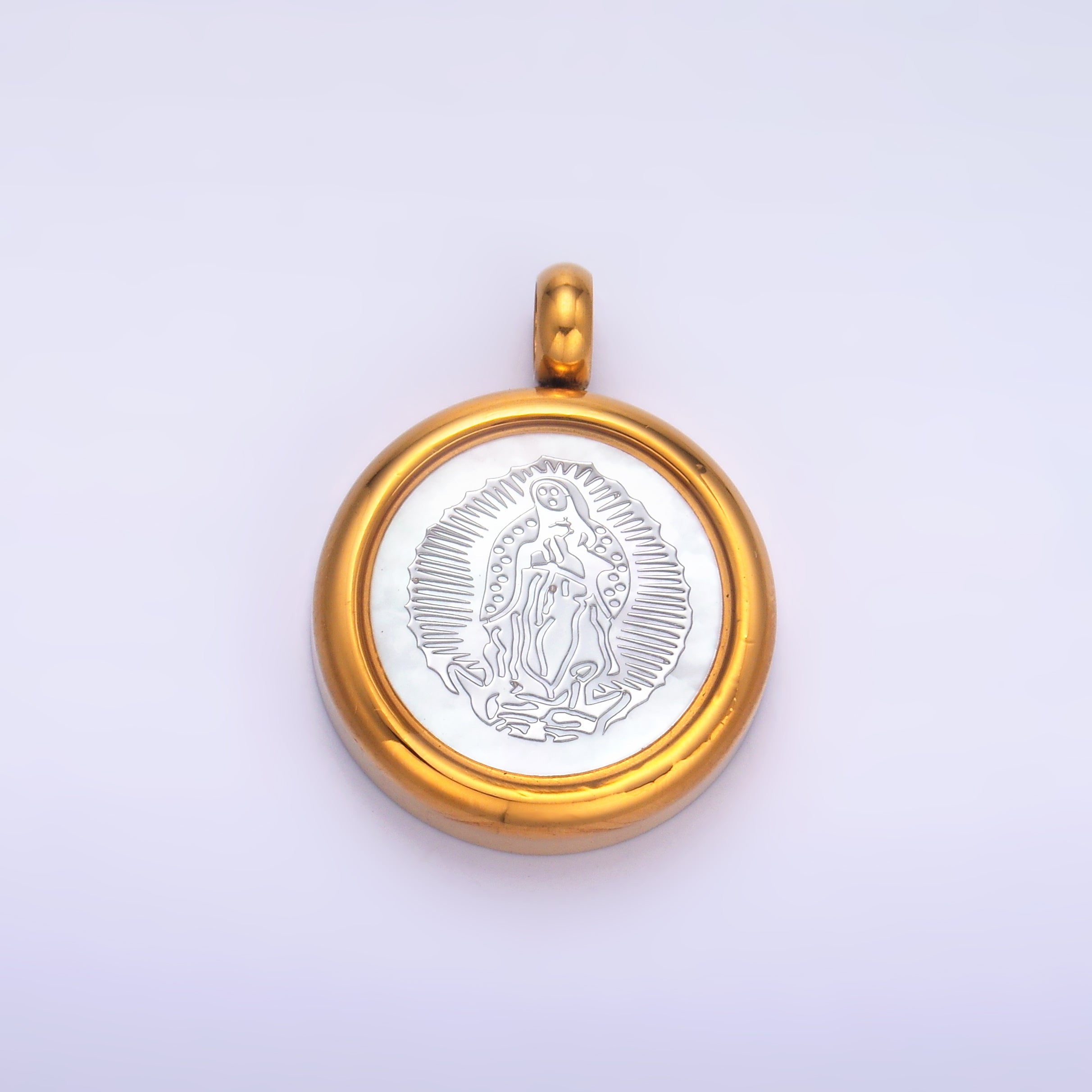 Stainless Steel Religious Mother Mary Shell Pearl Round Pendant | P833