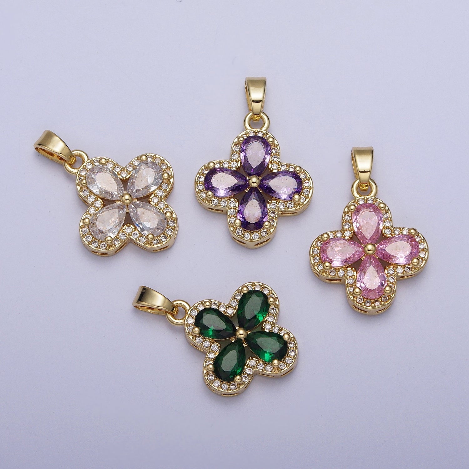 Micro Paved Quatrefoil Lucky Clover Pendant with Teardrop Cubic Zirconia Pendant For DIY Necklace Making | X-516-X-519