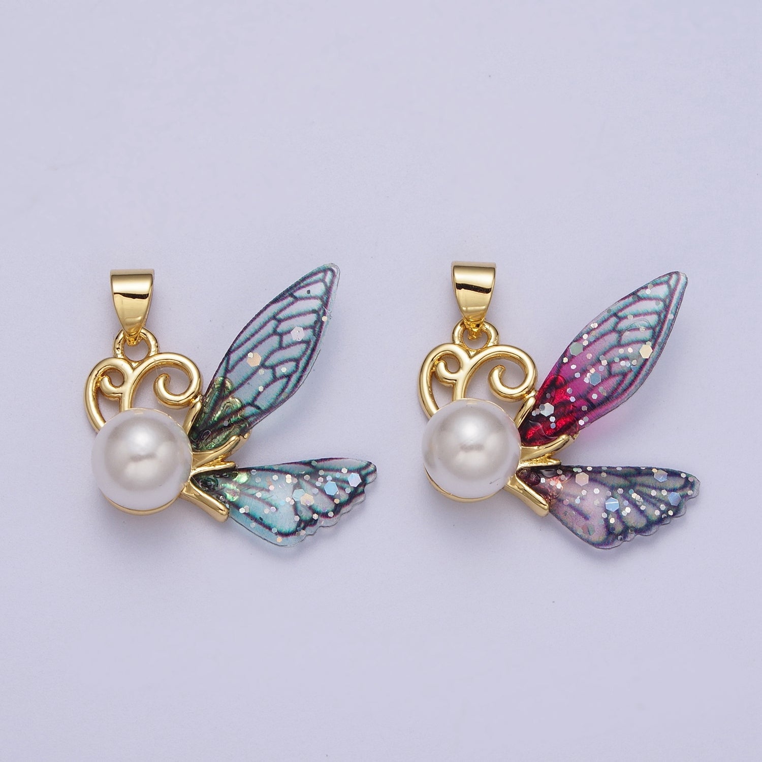 24K Gold Filled Blue, Fuchsia Pearl Fairy Butterfly Pendant  I-203 I-205