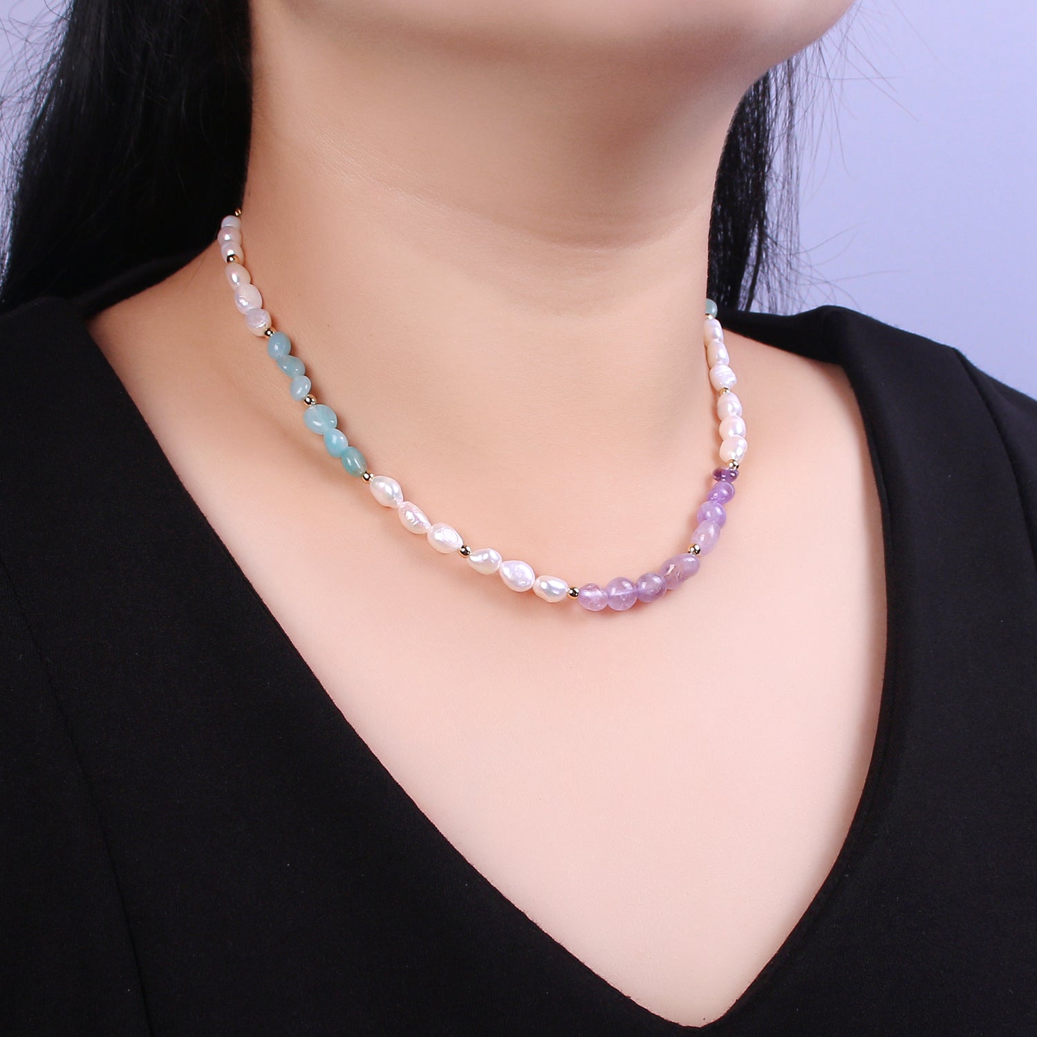 14K Gold Filled 5mm Ringed Freshwater Pearl Amethyst Amazonite Bead 16 Inch Choker Necklace | WA-457