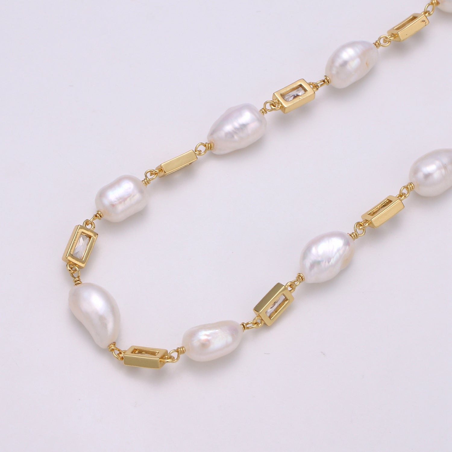 24K Gold Filled Chain by Yard, Baroque Pearl Micro Pave Clear Cubic Square Charm Chain, White Pearl CZ | ROLL-349, ROLL-350, ROLL-351 Clearance Pricing