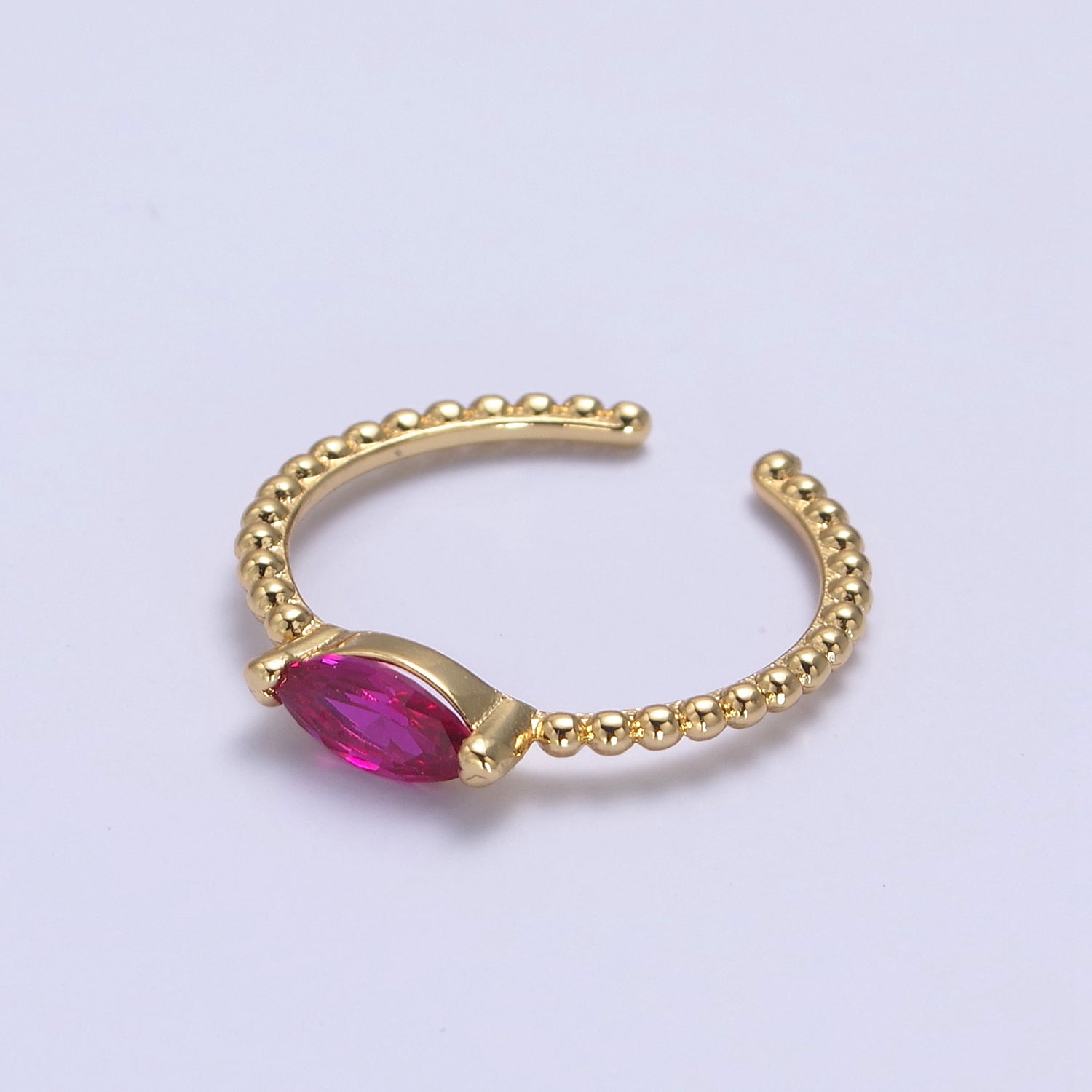 24K Gold Filled Fuchsia Pink Sharp Oval Marquise Crystal Cubic Zirconia CZ on Beaded Gold Promise Ring S-365 - DLUXCA