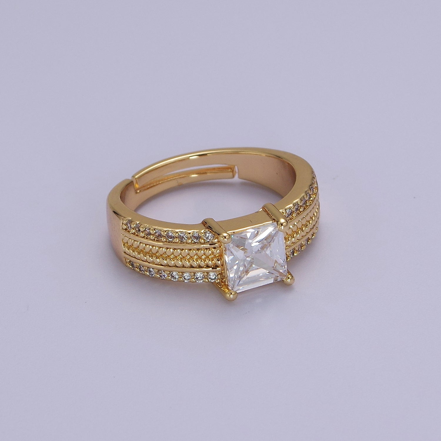 16K Gold Filled Clear Square CZ Curb Textured Band Ring in Gold & Silver  O-1918 O-1919