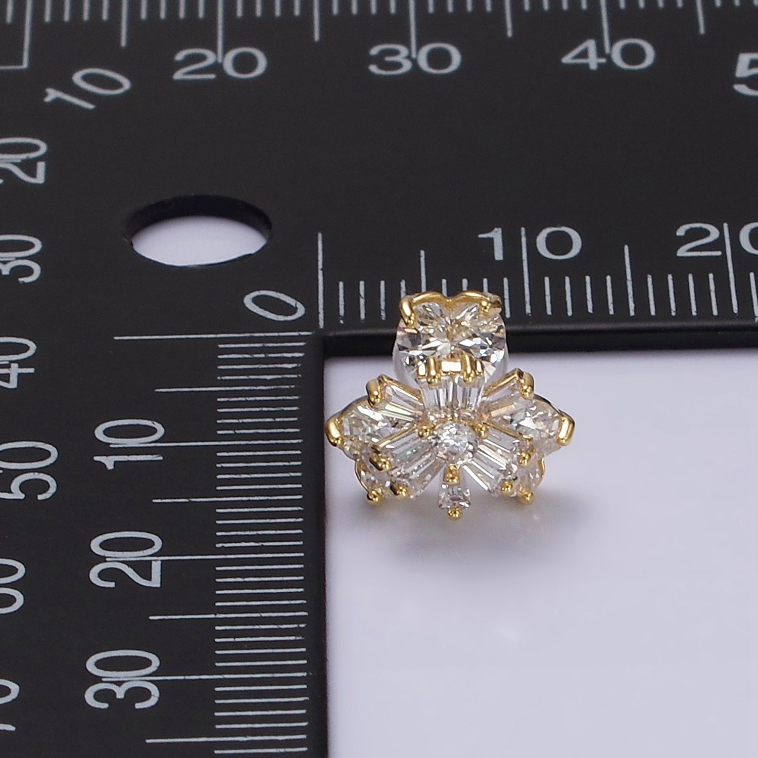 14K Gold Filled 10mm Flower Nature Clear CZ Baguette Stud Earrings | V266