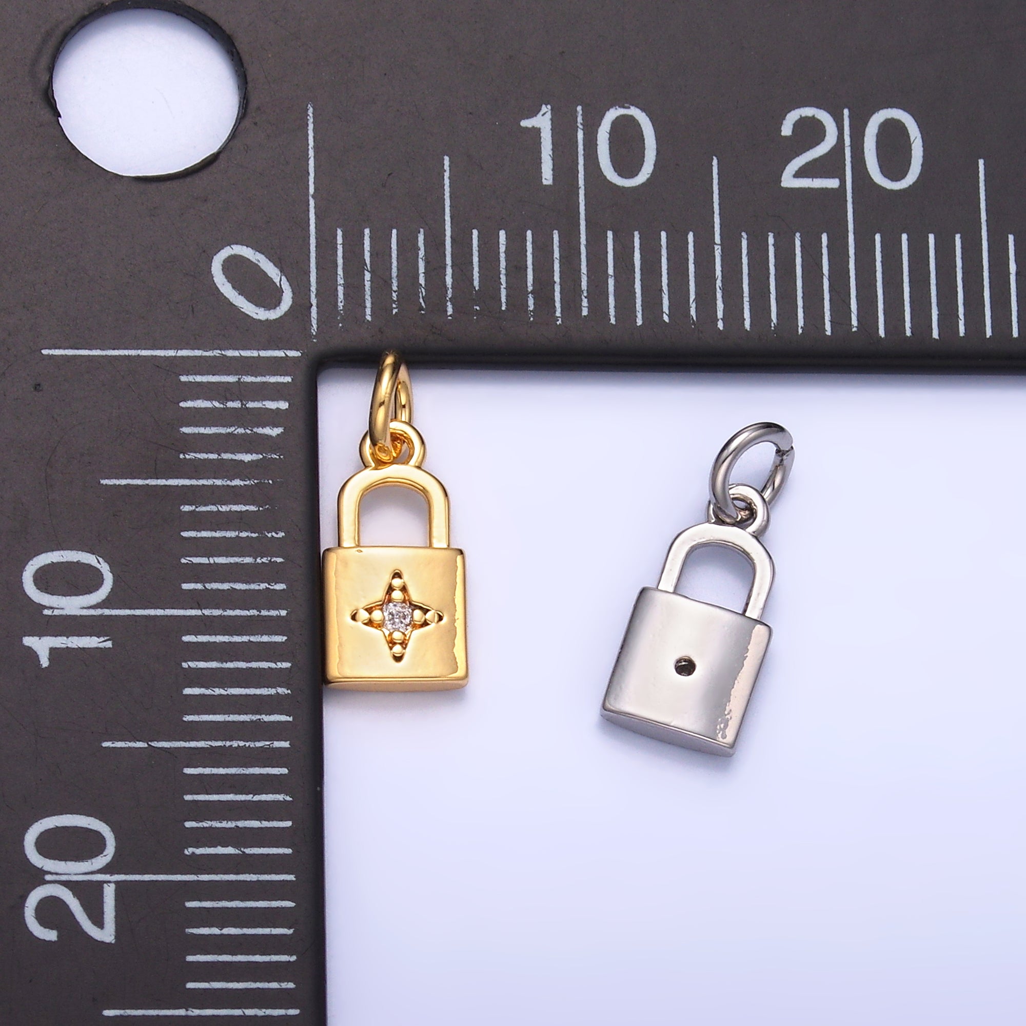 24K Gold Filled CZ Celestial Star Padlock Charm in Gold & Silver | E825
