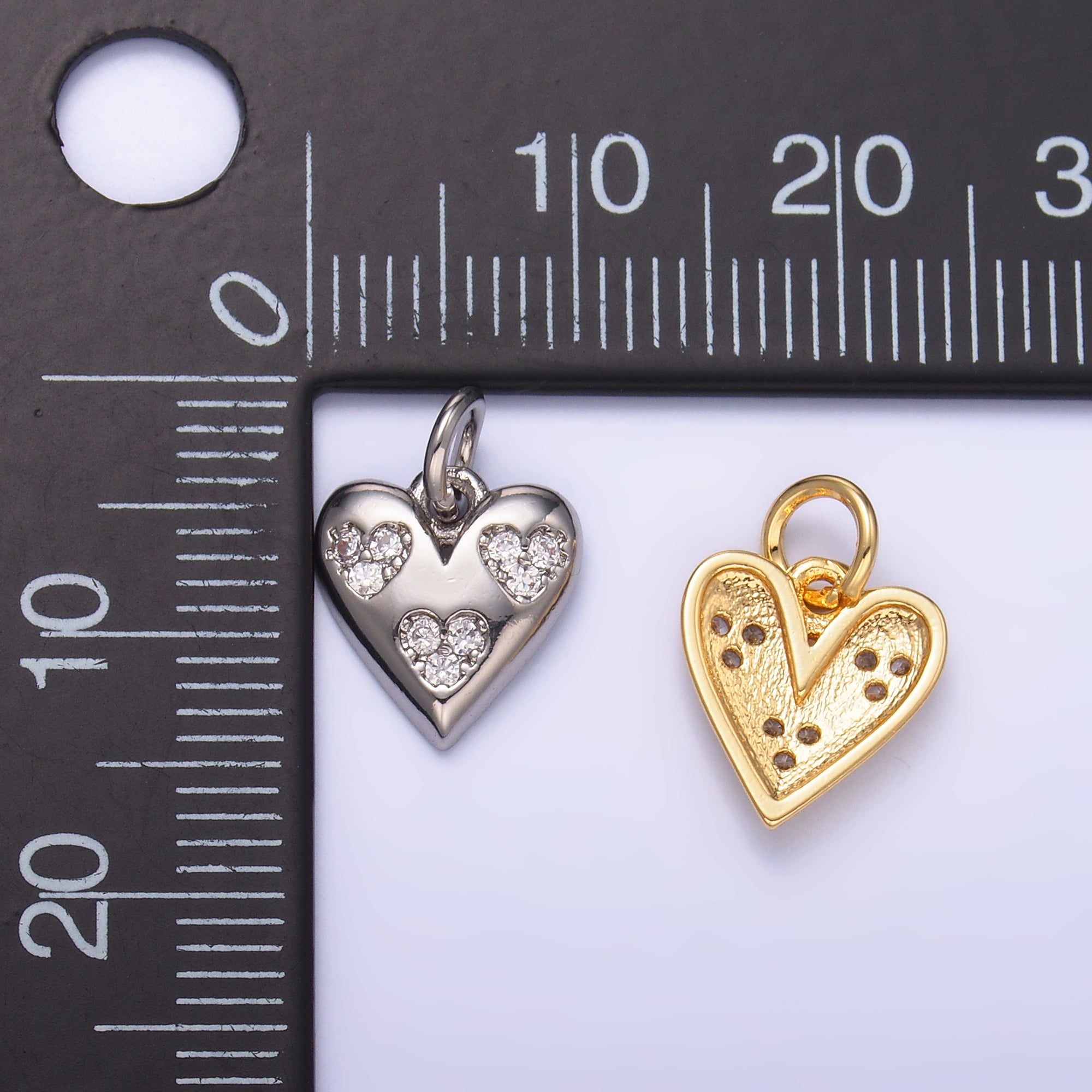 24K Gold Filled Triple Micro Paved CZ Heart Charm in Gold & Silver | C475