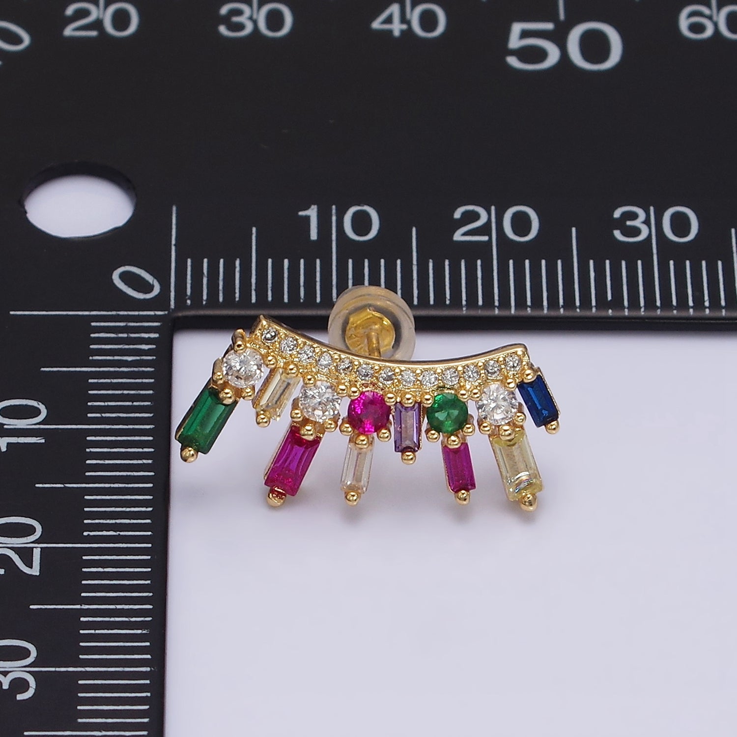 16K Gold Filled Multicolor CZ Baguette Round Fan Lined Stud Earrings | AD1163 AD1164 - DLUXCA