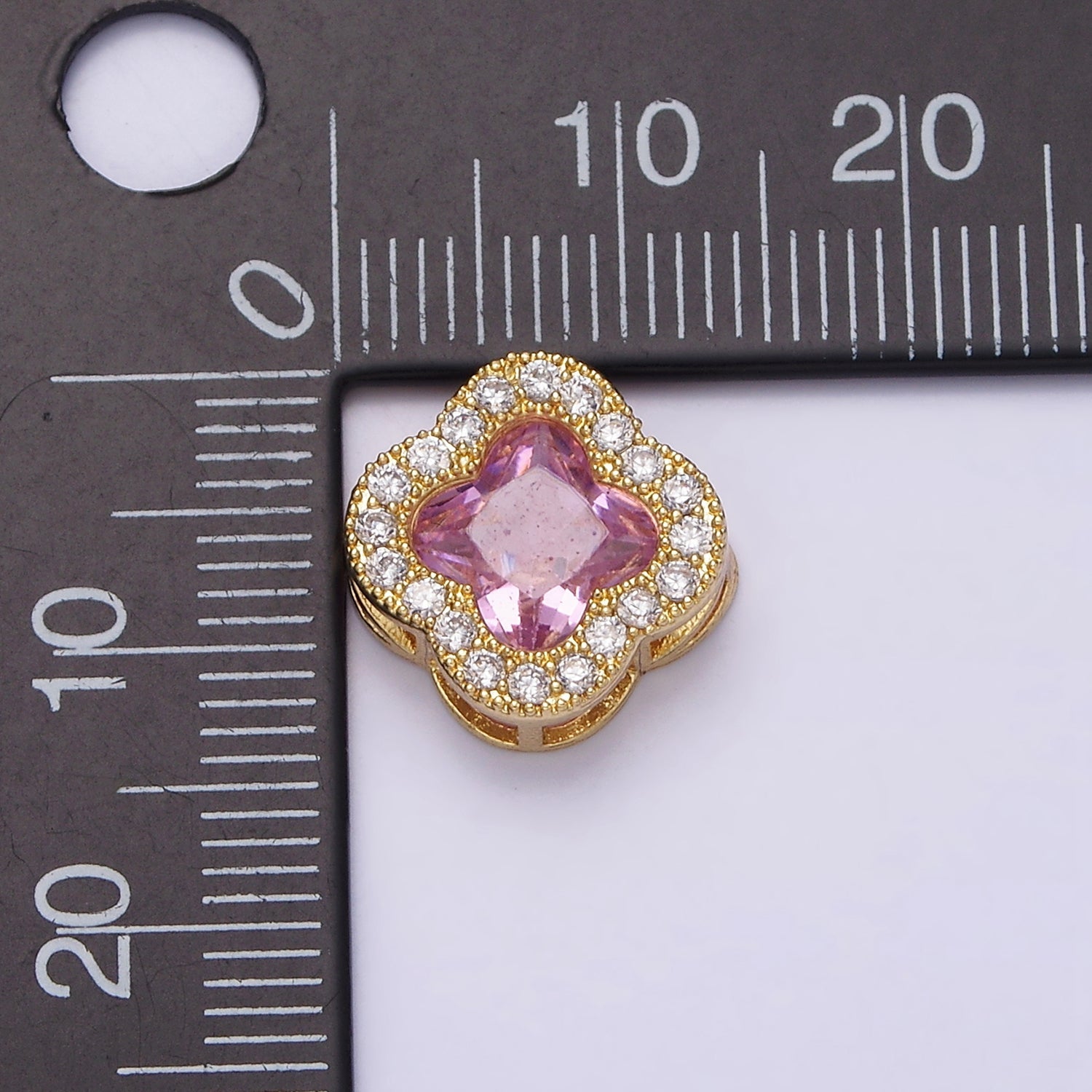 24K Gold Filled 11.5mm Pink Micro Paved CZ Quatrefoil Clover Bead | AC862 - DLUXCA