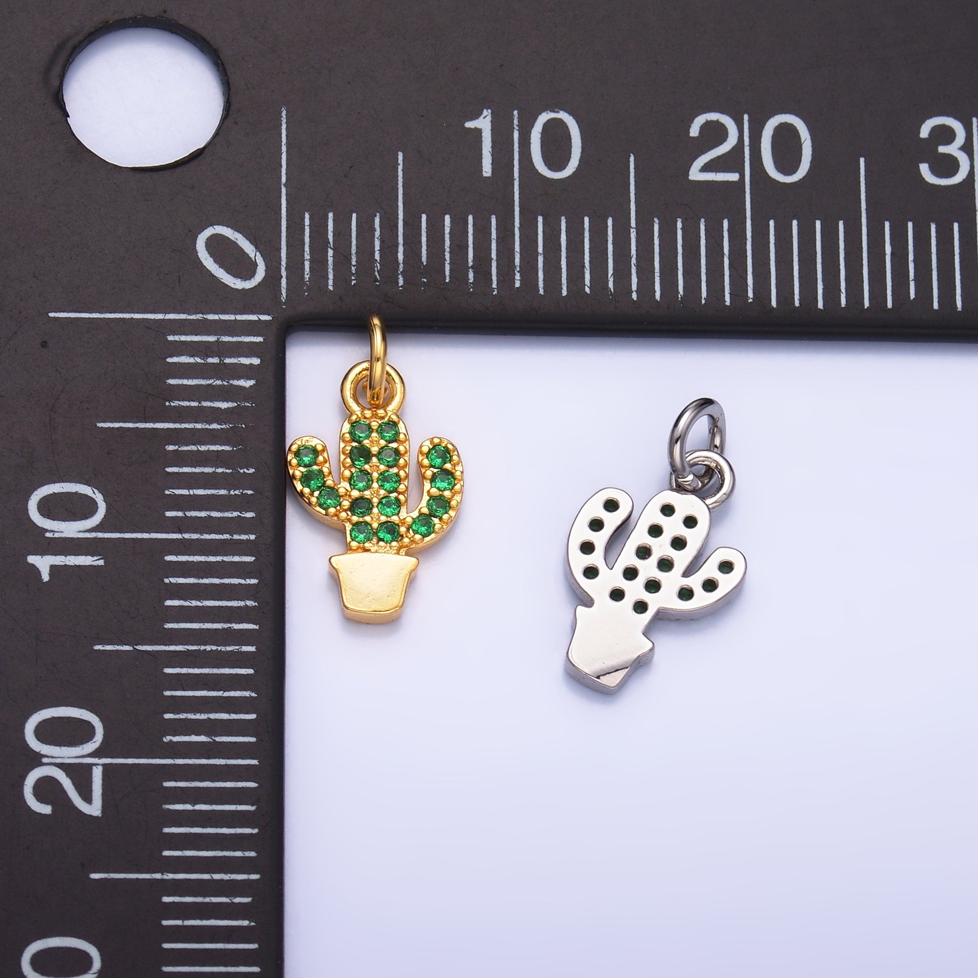 24K Gold Filled Green Micro Paved CZ Cactus Plant Charm in Gold & Silver | M709