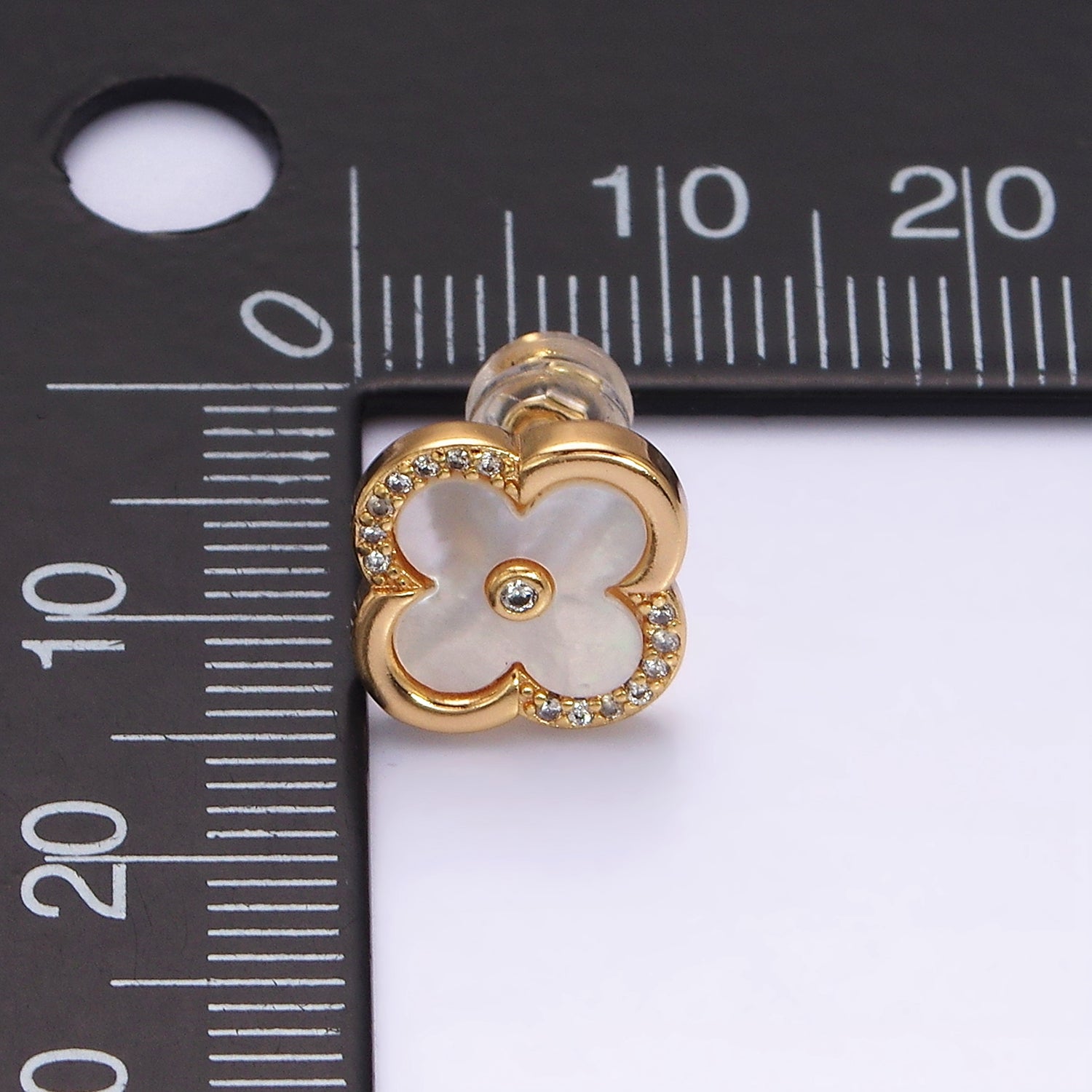 16K Gold Filled 12mm Shell Pearl Quatrefoil Clover Micro Paved CZ Stud Earrings in Gold & Silver | AB1535 AB1536