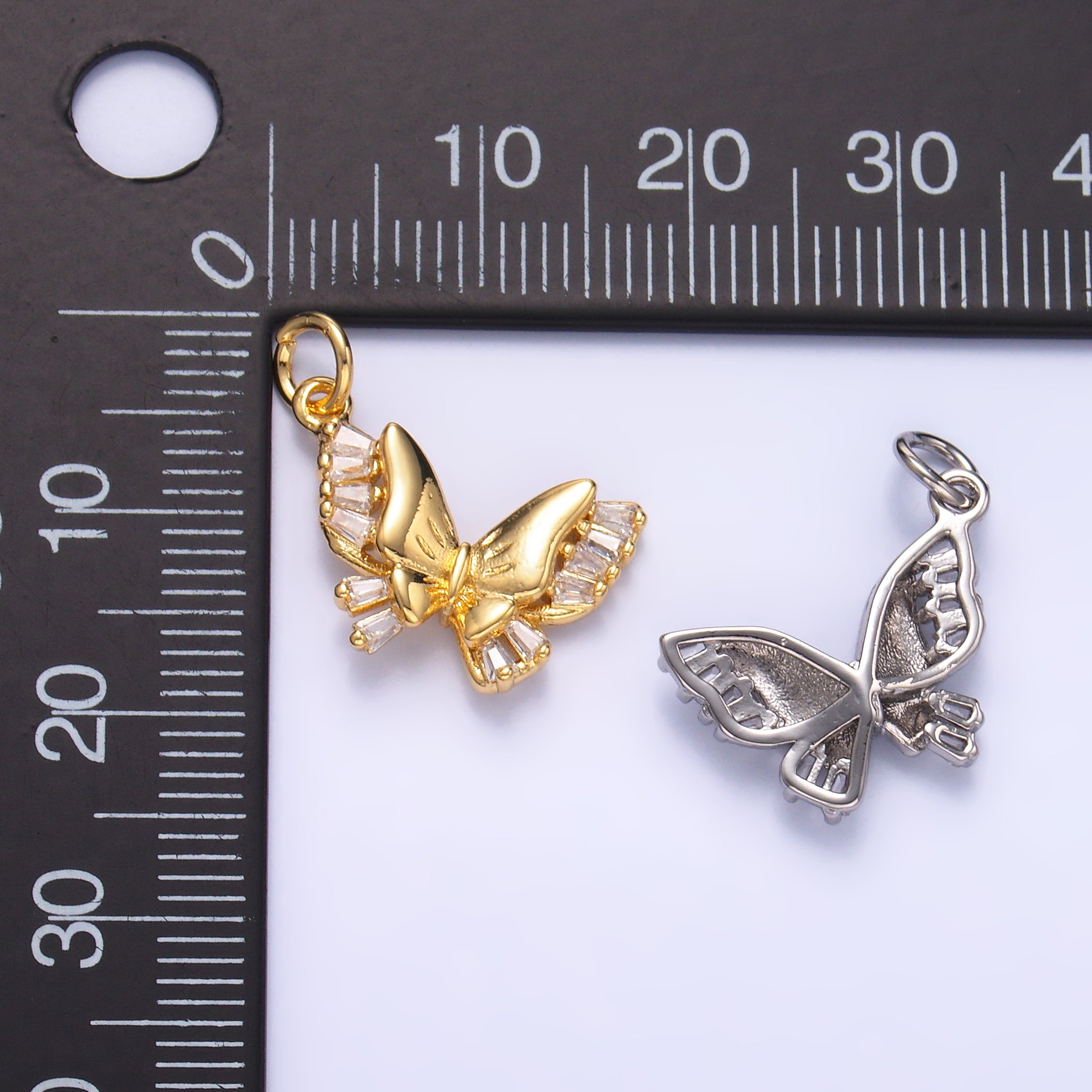 24K Gold Filled Baguette CZ Butterfly Charm in Gold & Silver | C018
