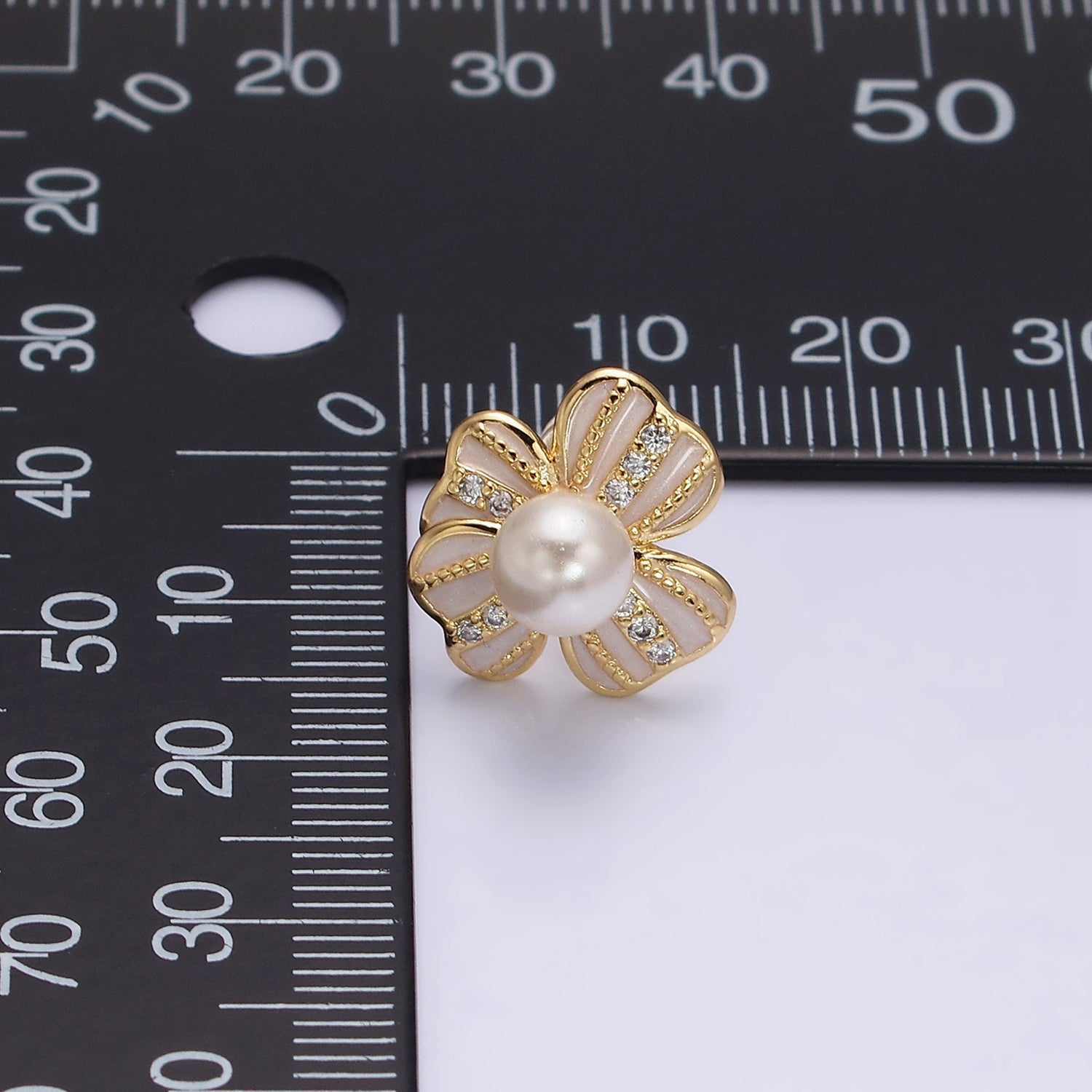 16K Gold Filled Pearl Ribbon Flower White Enamel Micro Paved CZ Stud Earrings in Gold & Silver | AE844 AE845 - DLUXCA