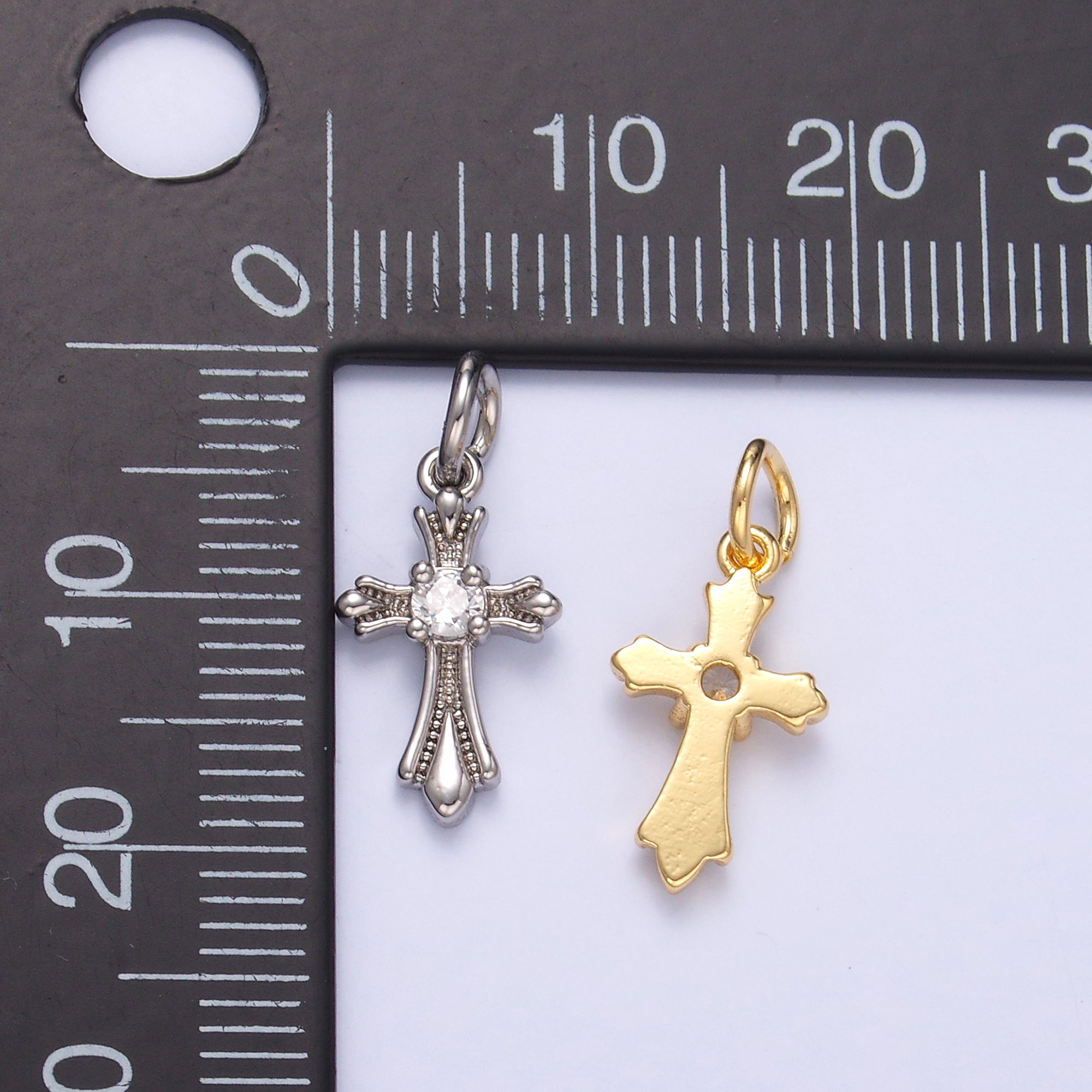 24K Gold Filled CZ Fleur Cross Religious Charm in Gold & Silver | N002