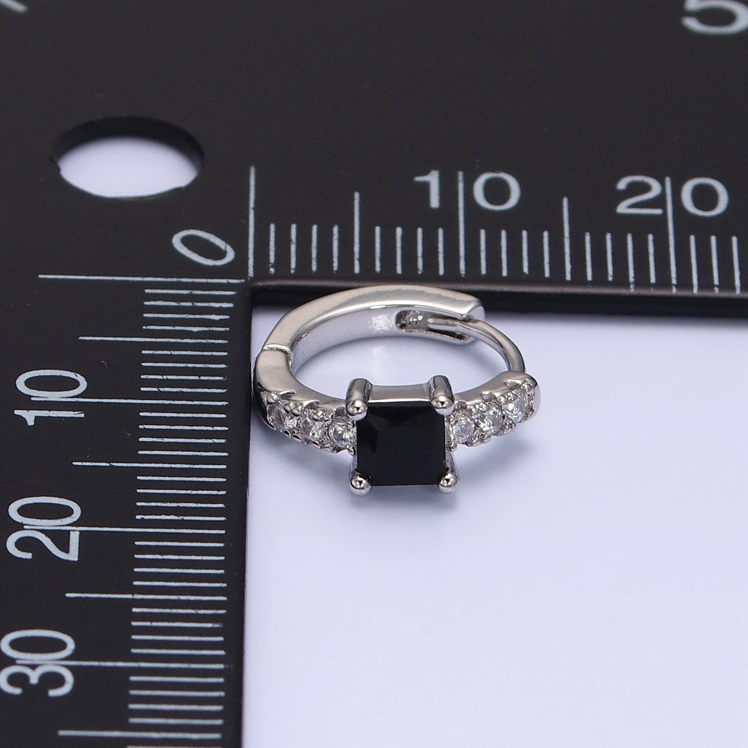 White Gold Filled Black Square CZ Clear Micro Paved Thin 12.6mm Cartilage Huggie | AB1490 - DLUXCA