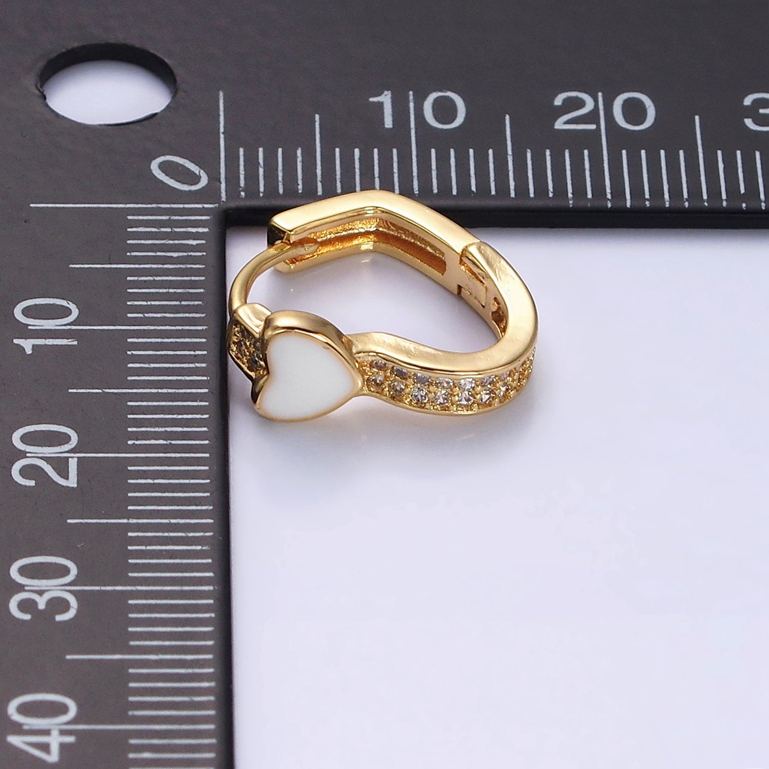 16K Gold Filled Heart White Enamel Micro Paved CZ 15.7mm Huggie Earrings in Gold & Silver | Y837 Y838 - DLUXCA