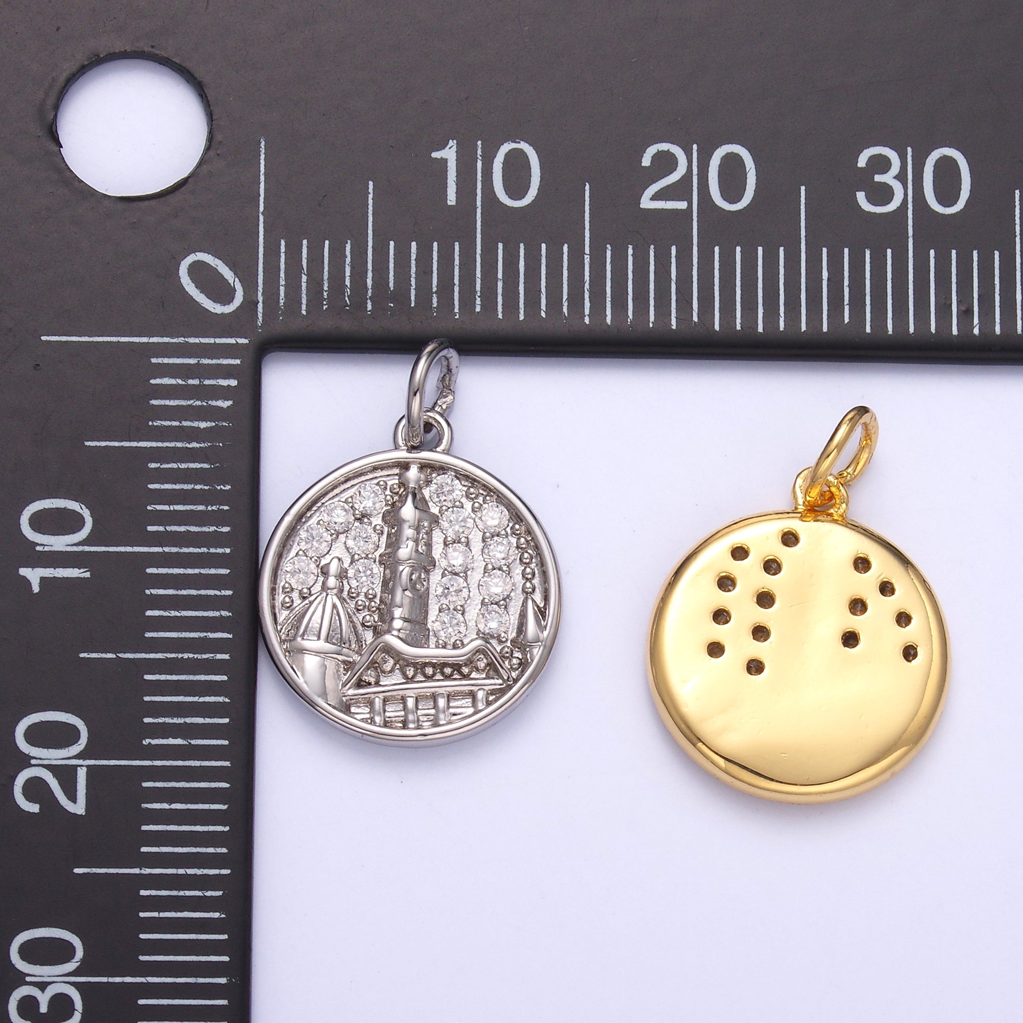 24K Gold Filled Micro Paved CZ Town City Round Charm in Gold & Silver | C049