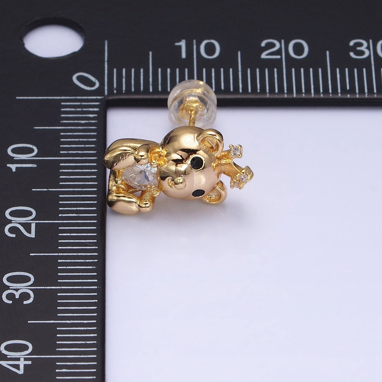 16K Gold Filled Crowned King Teddy Bear Clear CZ Heart Stud Earrings | AD822 - DLUXCA