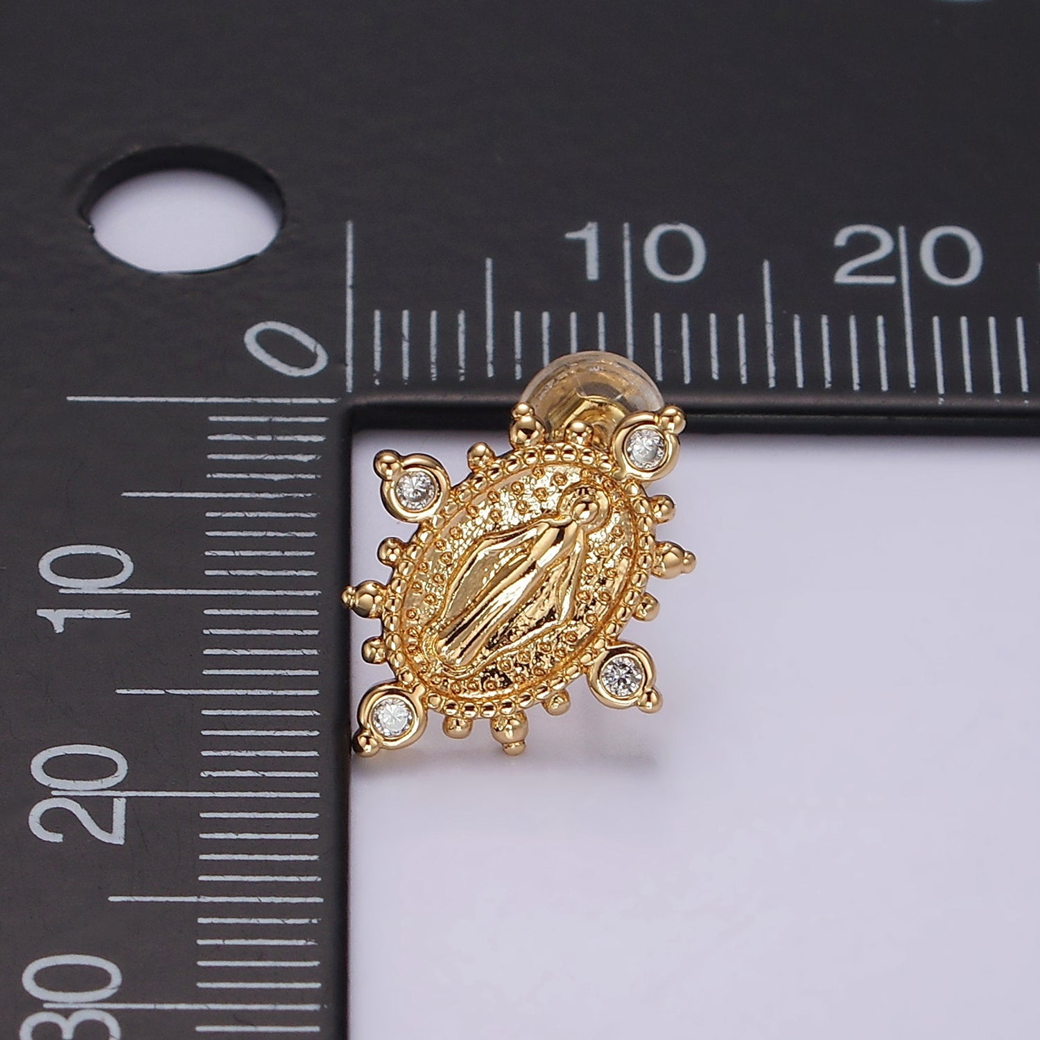 16K Gold Filled Mary Guadalupe Religious CZ Dotted Oval Stud Earrings | AB1118 - DLUXCA