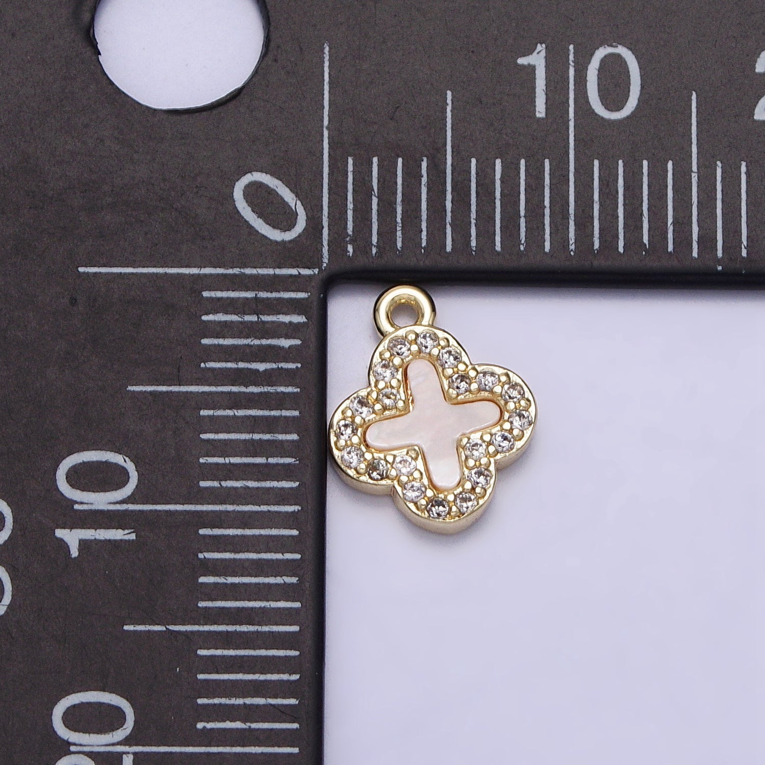 14K Gold Filled 16.5mm Clover Quatrefoil Shell Pearl CZ Micro Paved Charm | AC1052 - DLUXCA