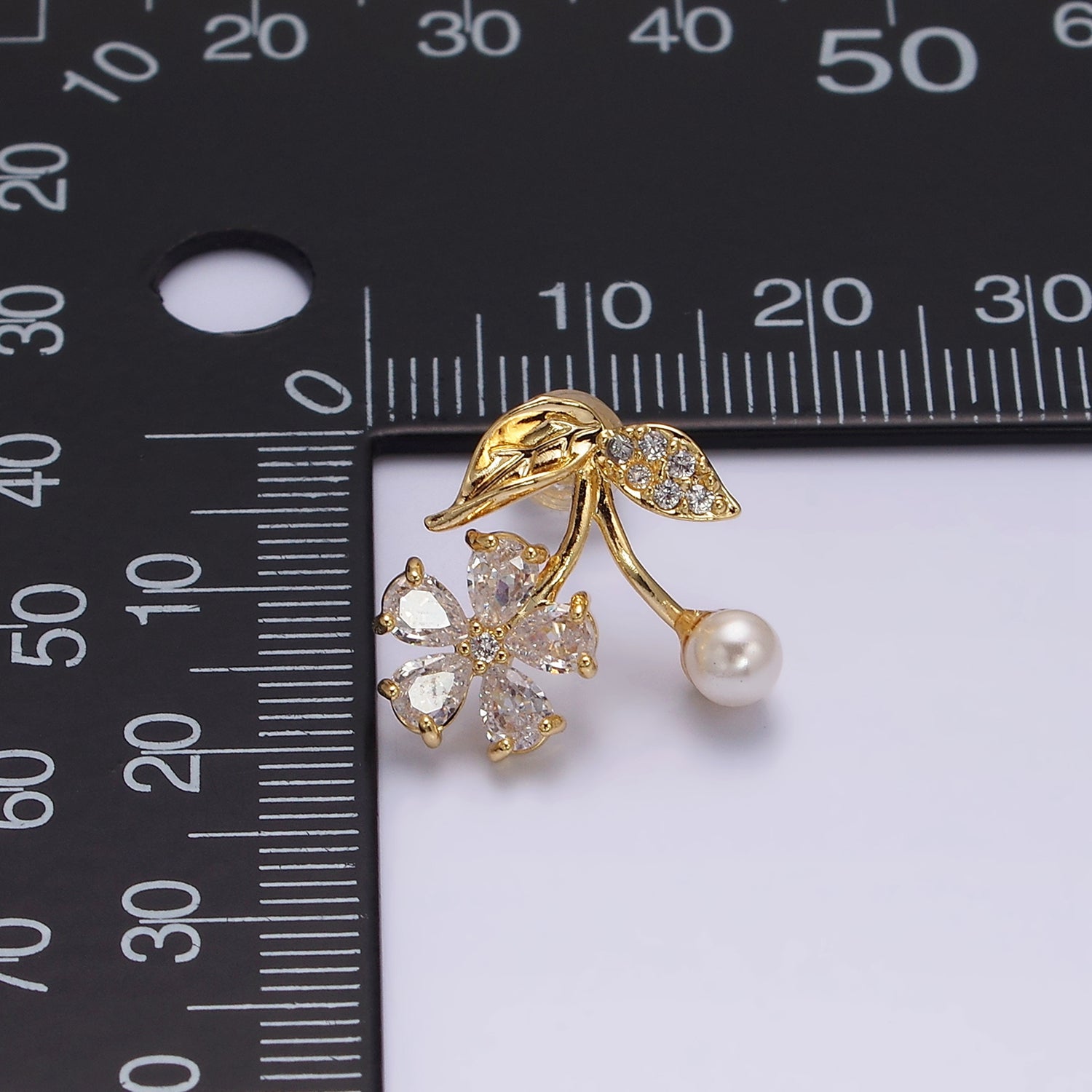 16K Gold Filled Micro Paved Flower Clear Teardrop CZ Pearl Cherry Stud Earrings | AE843 - DLUXCA