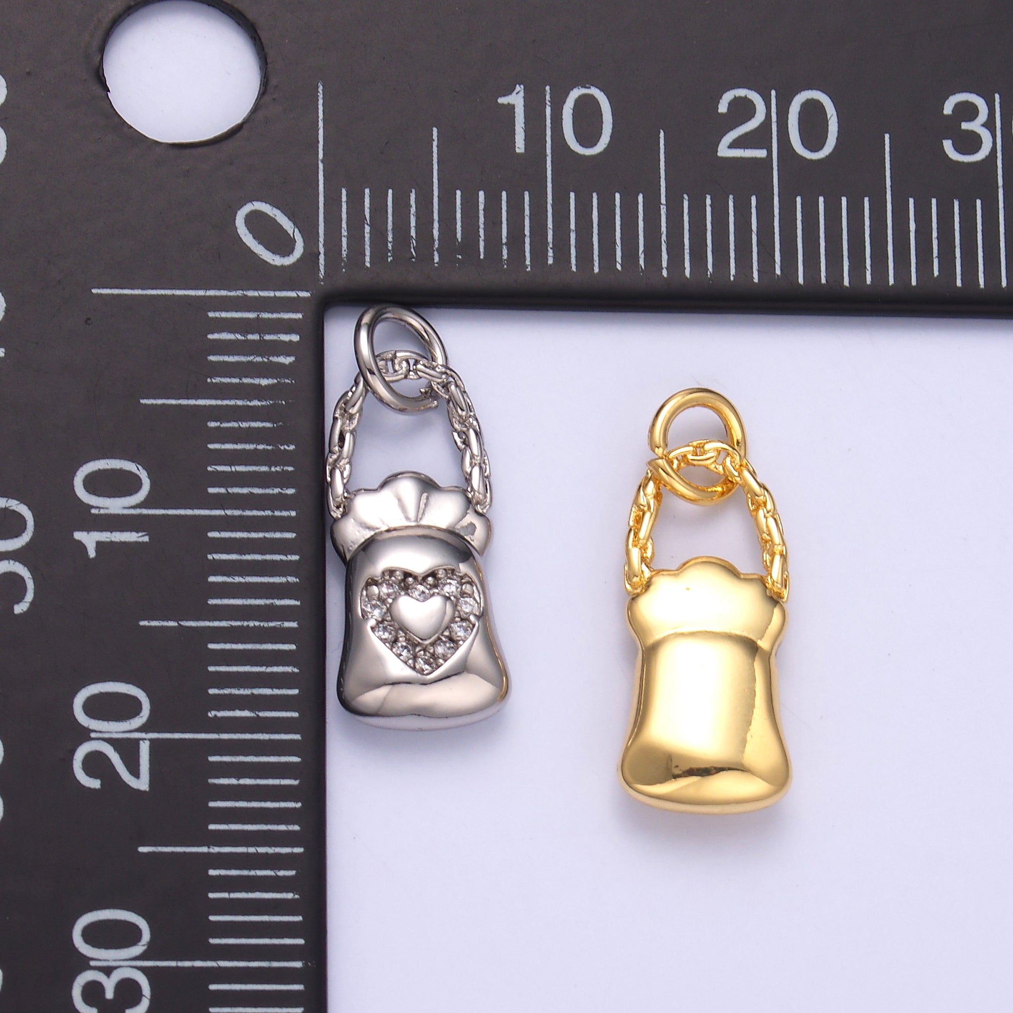 24K Gold Filled Micro Paved CZ Heart Bag Charm in Gold & Silver | C043