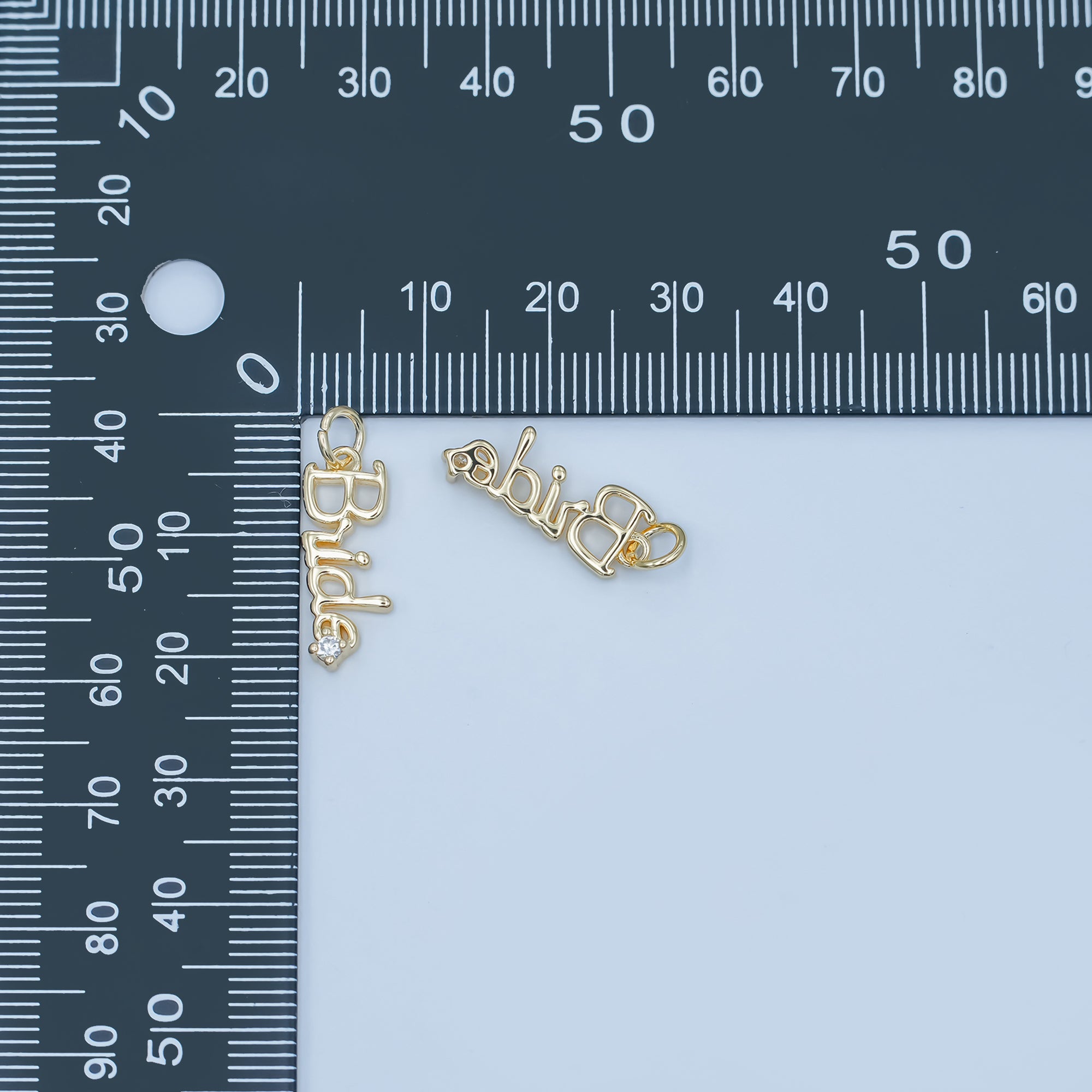 24K Gold Filled "Bride" Cursive Script CZ Charm in Gold & Silver | N091