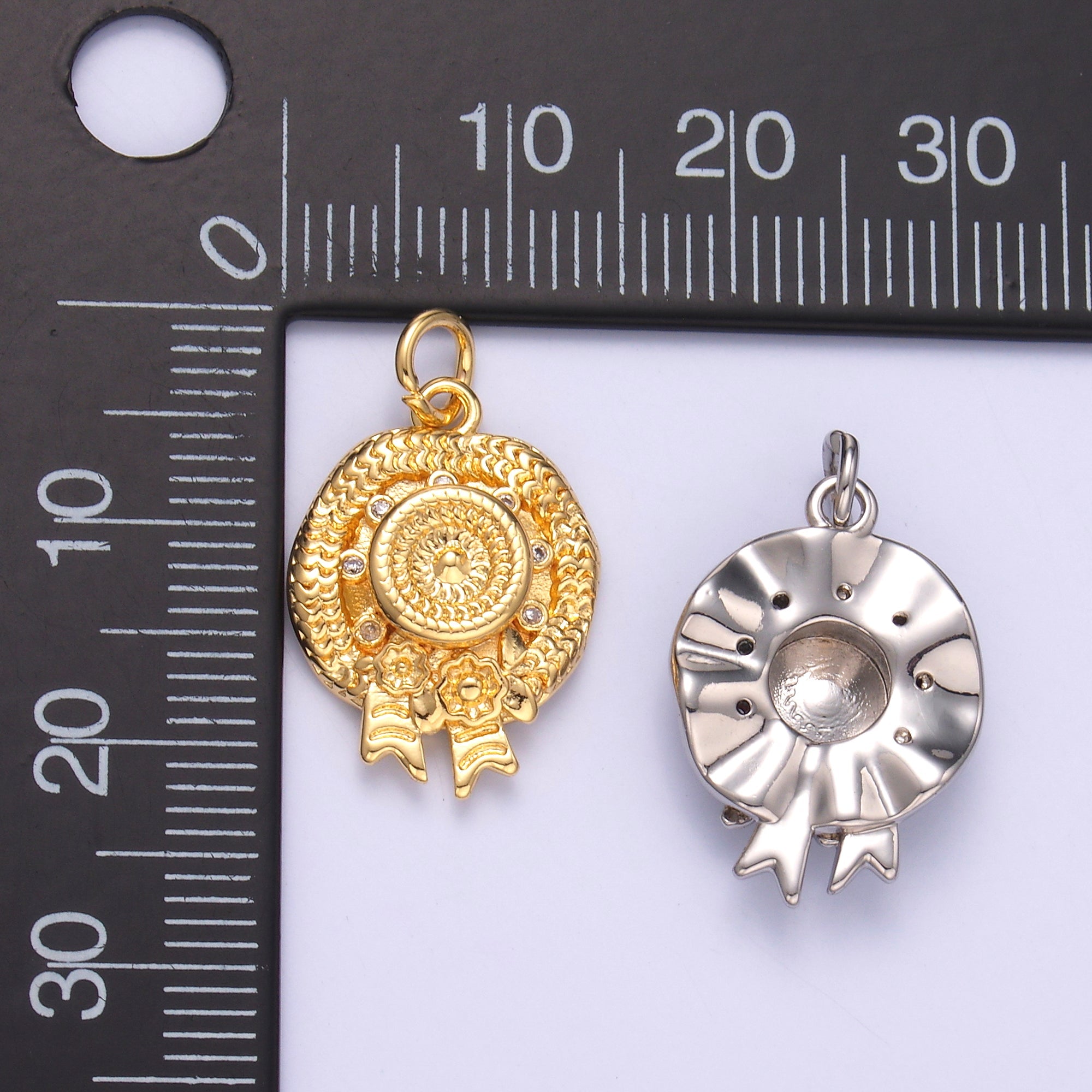 24K Gold Filled Clear CZ Flower Woven Beach Hat Charm in Gold & Silver | N015