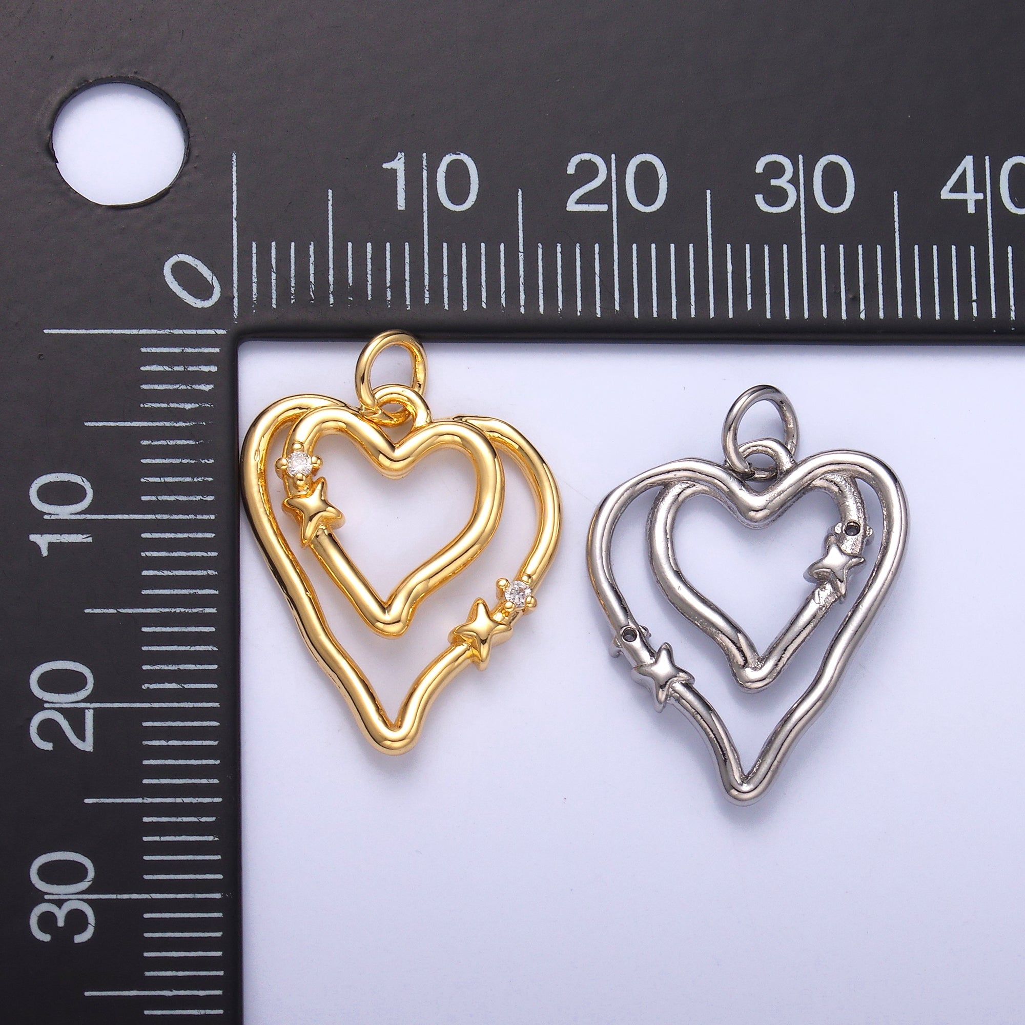 24K Gold Filled CZ Star Heart Double Band Charm in Gold & Silver | N016