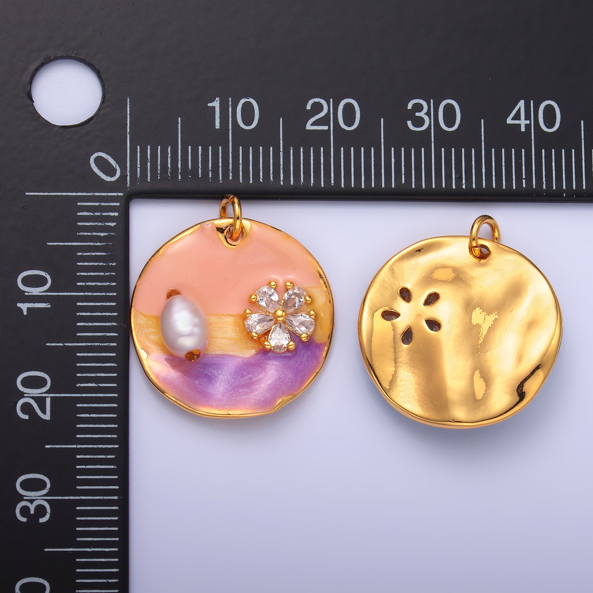 Ombre Gold Coin Charm enamel with pearl beads 24k Gold Filled M-259