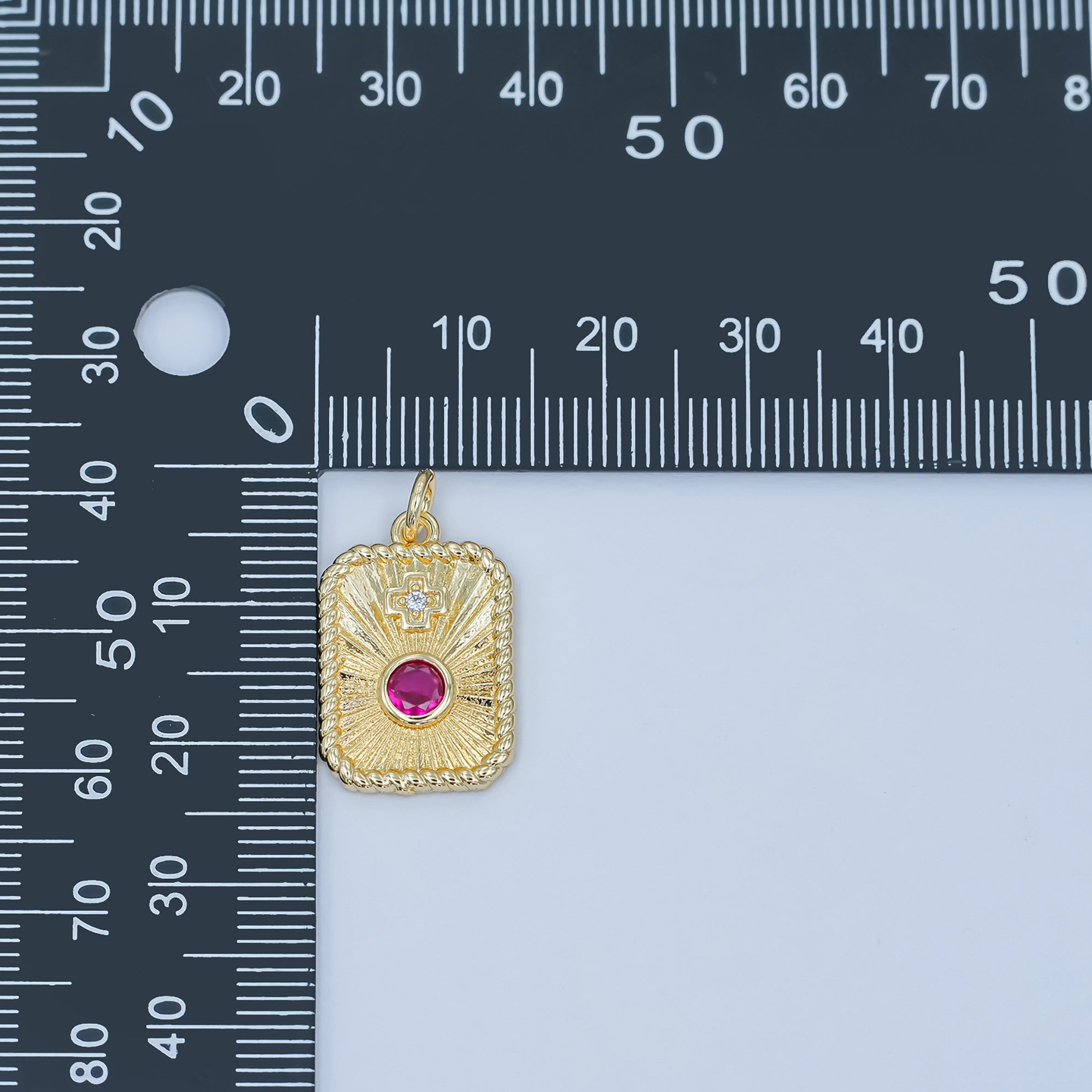 24K Gold Filled Cross Red CZ Sunburst Twisted Bezel Charm | M625