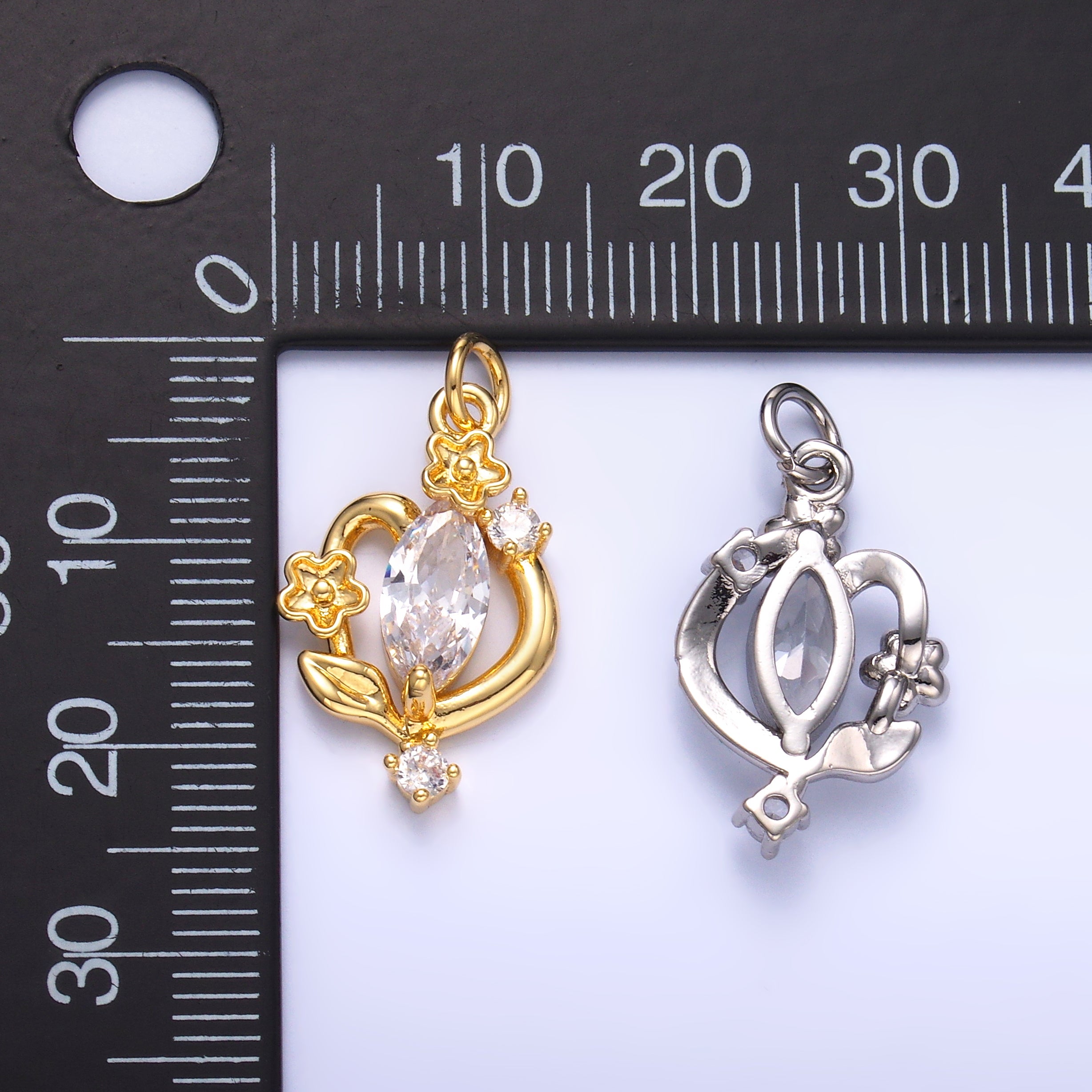 24K Gold Filled Marquise CZ Vine Flower Charm in Gold & Silver | C031