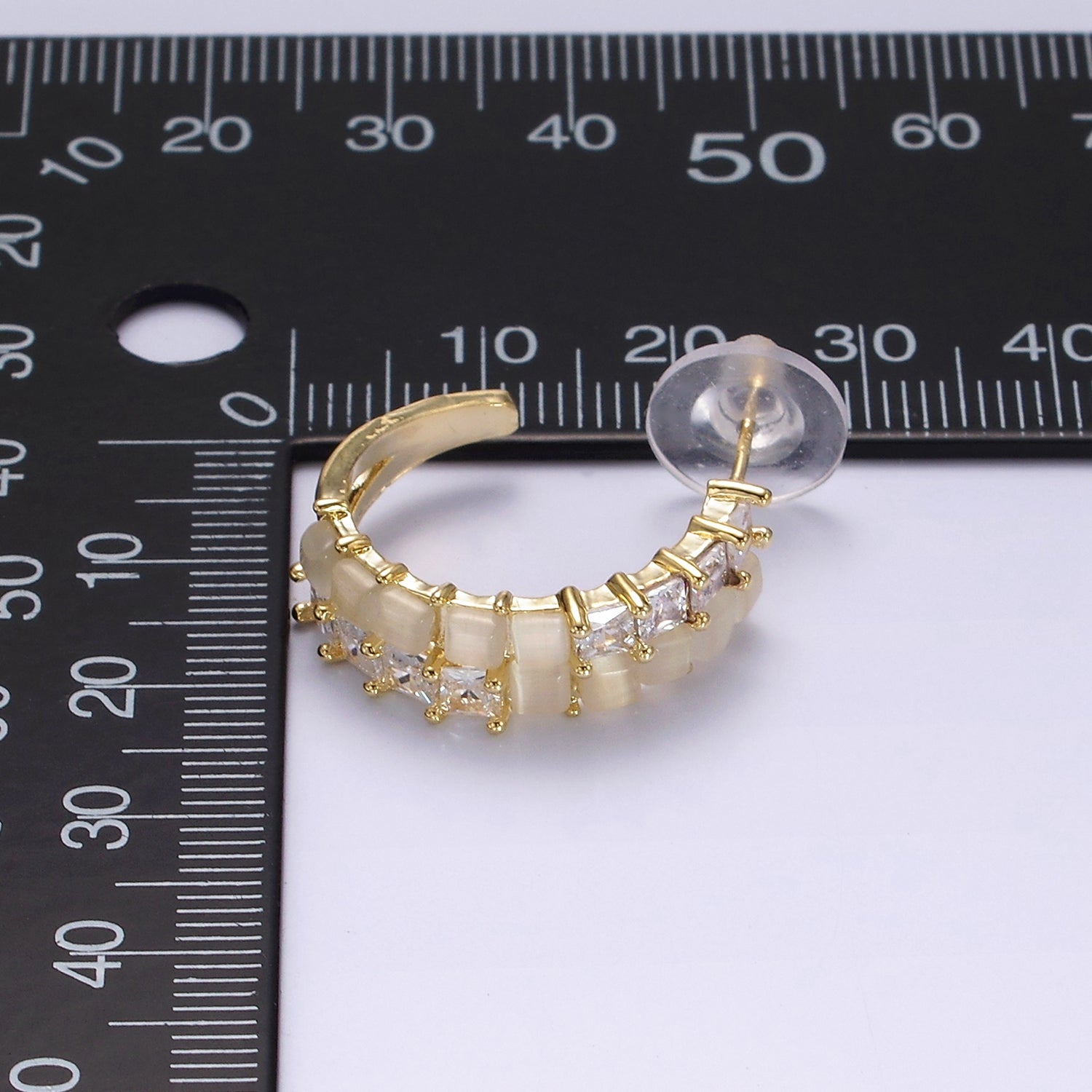 14K Gold Filled Clear CZ White Cat Eye Double Lined C-Shaped Hoop Earrings in Gold & Silver | AE307 AE308