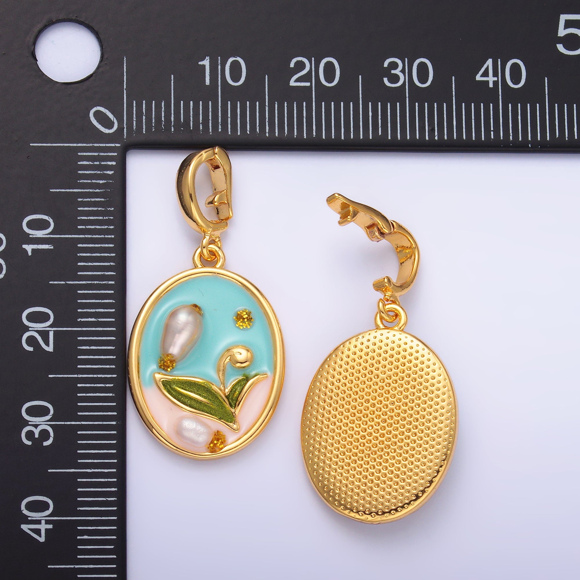 24K Gold Filled Blue Tulip Flower With Pearl Snap Bail Pendant | AA1468