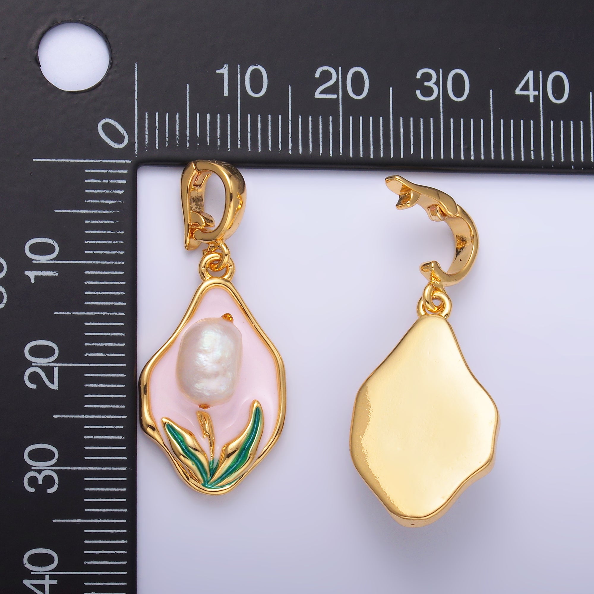 24K Gold Filled Pink Enamel Tulip Charm with Snap Bail Pendant | AA-1467