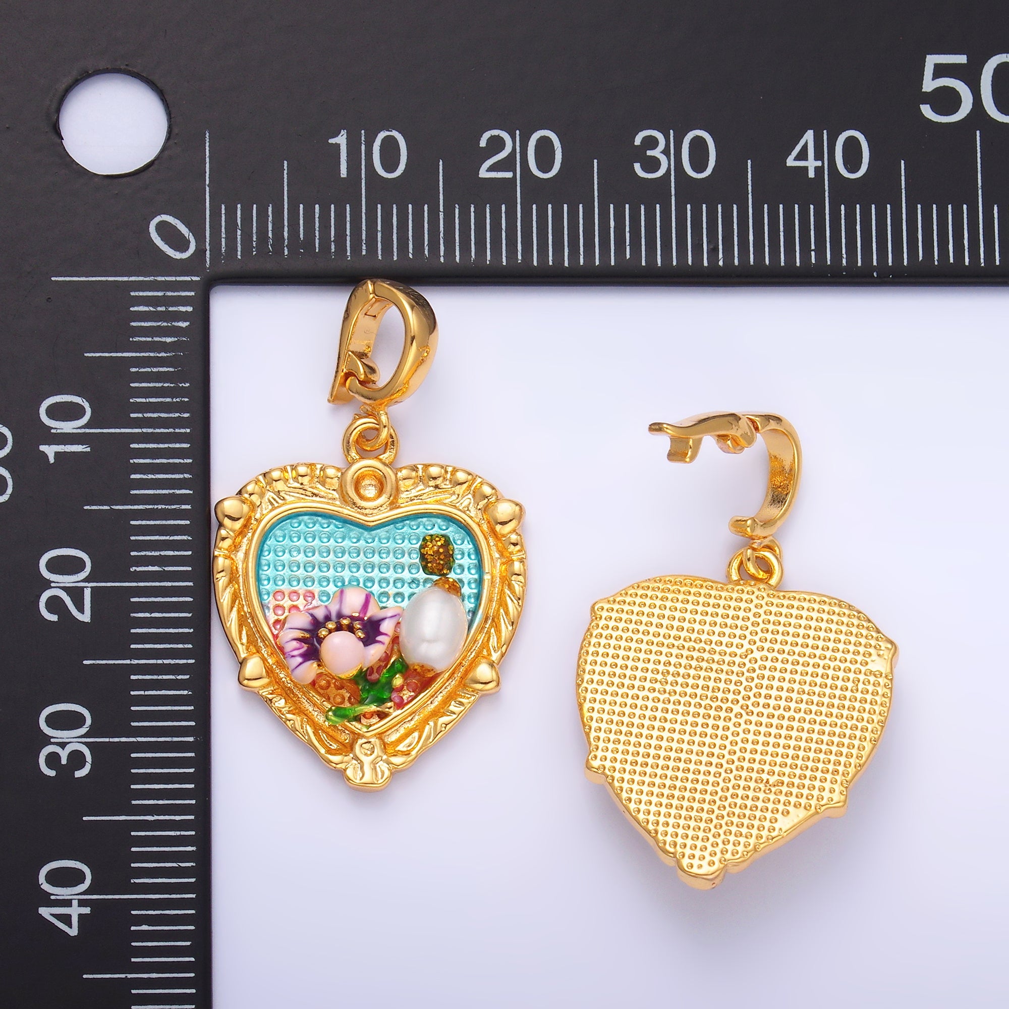 24K Gold Filled Flower Garden Heart Enamel Charm with Snap Bail Pendant | AA-1470