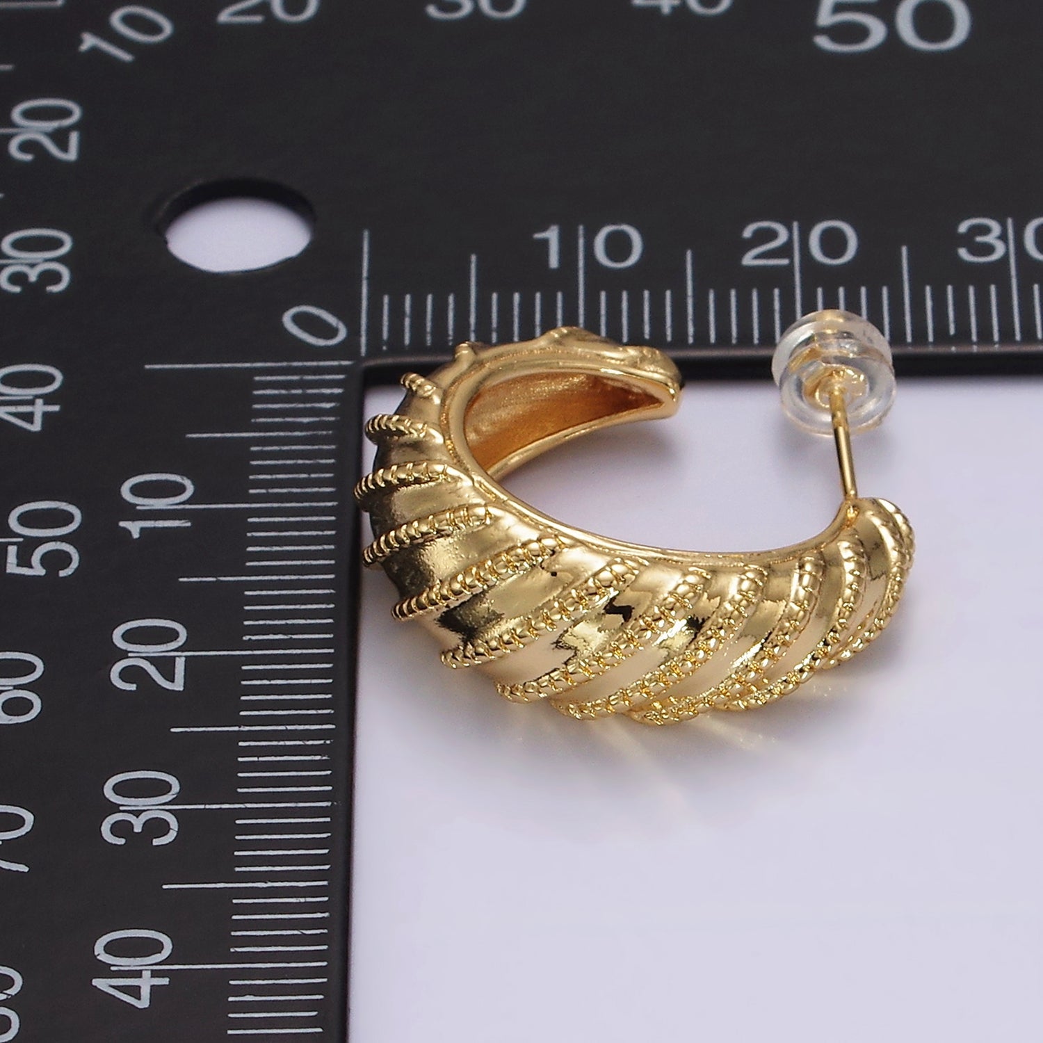 14K Gold Filled 25mm Beaded Croissant C-Shaped Hoop Earrings | AE358