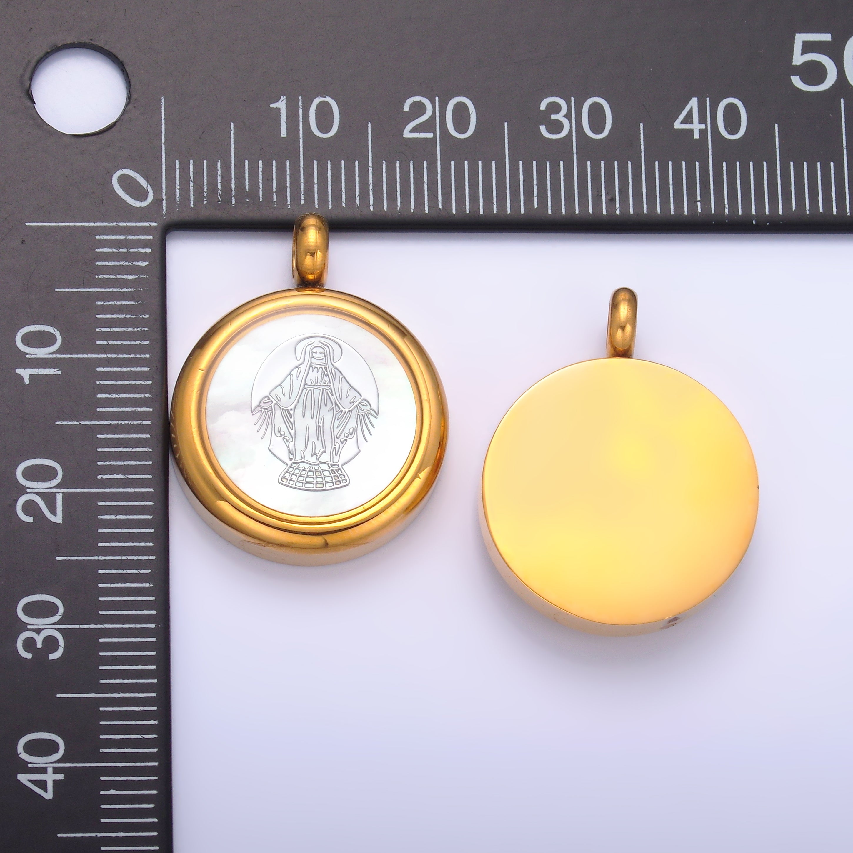 Stainless Steel Religious Mother Mary Shell Pearl Round Bezel Pendant | P820